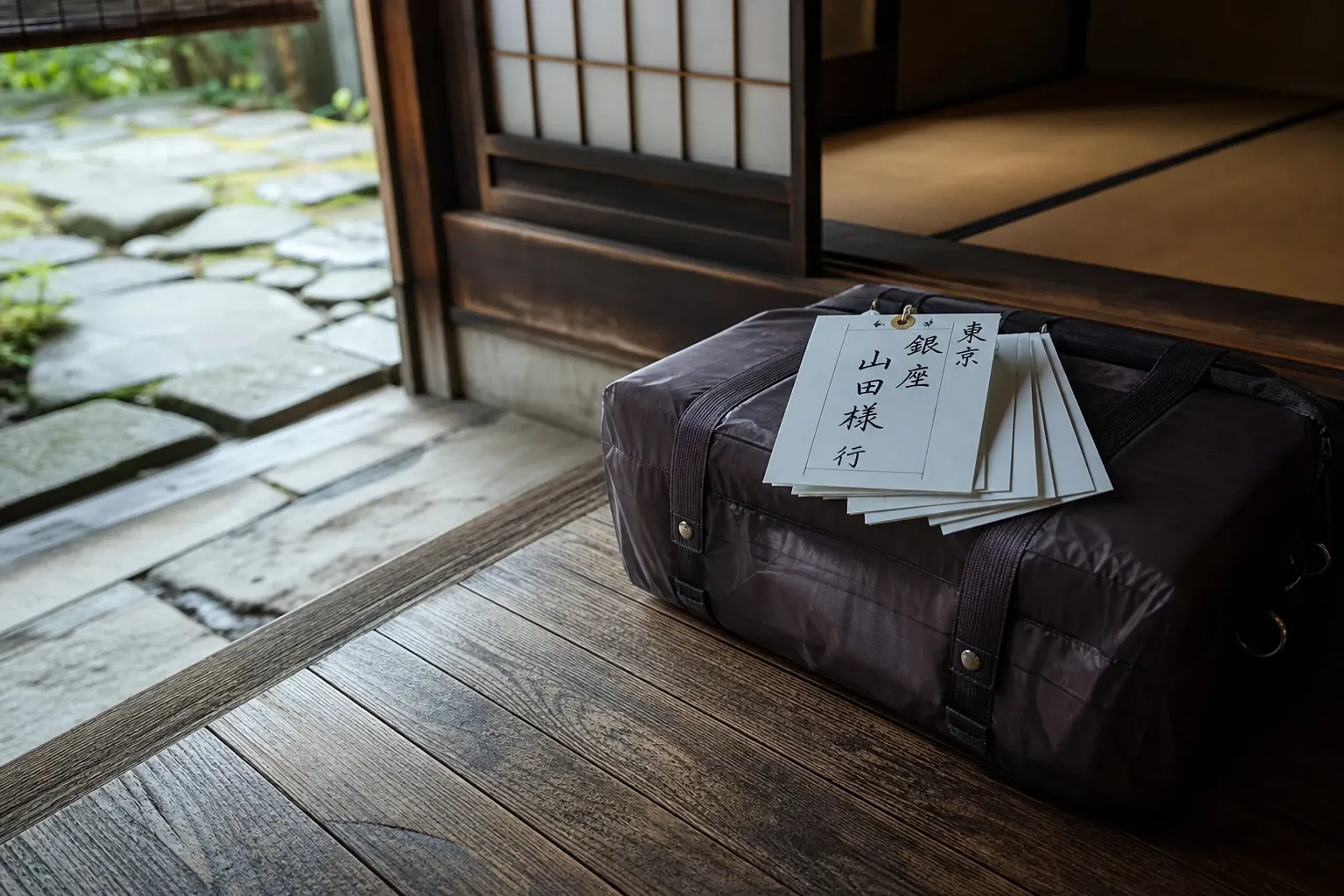 a stack of takkyubin luggage-forwarding tags and a wrapped suitcase waiting in a hushed machiya entryway in Miyagawa-cho, Kyoto, at dawn