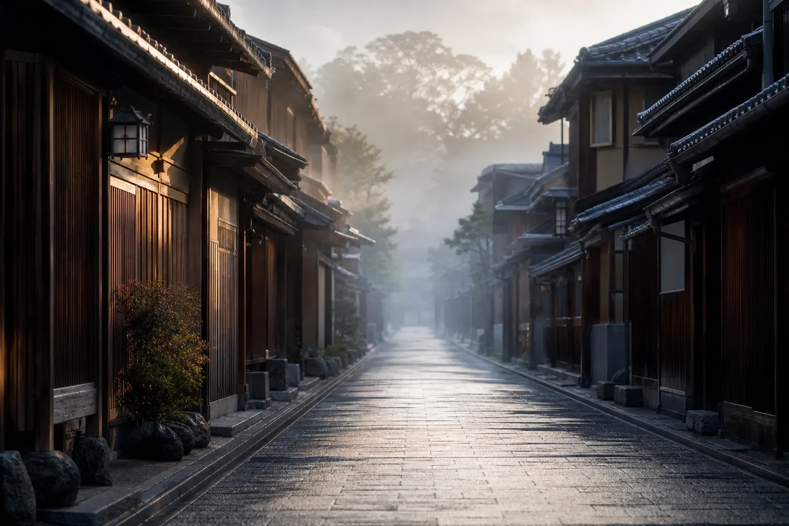 Empty stone lane in Kyoto at 7 am with soft morning light and traditional wooden houses