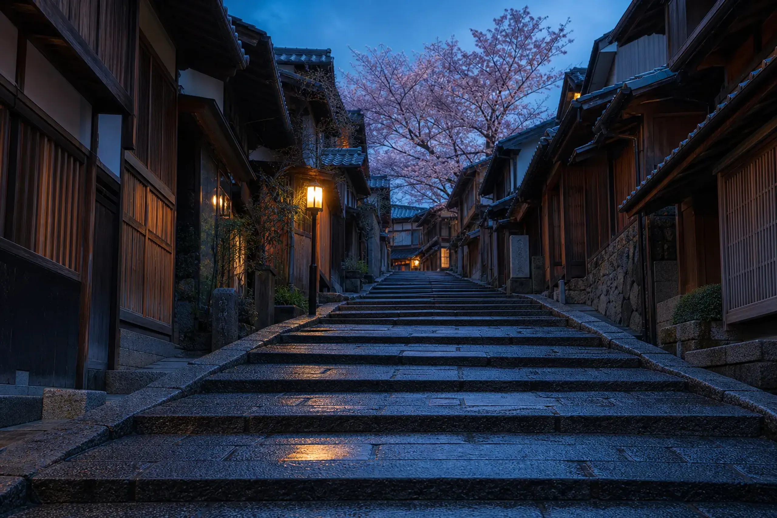 Sannen-zaka stone lane in Higashiyama Kyoto empty at dawn before the shops open