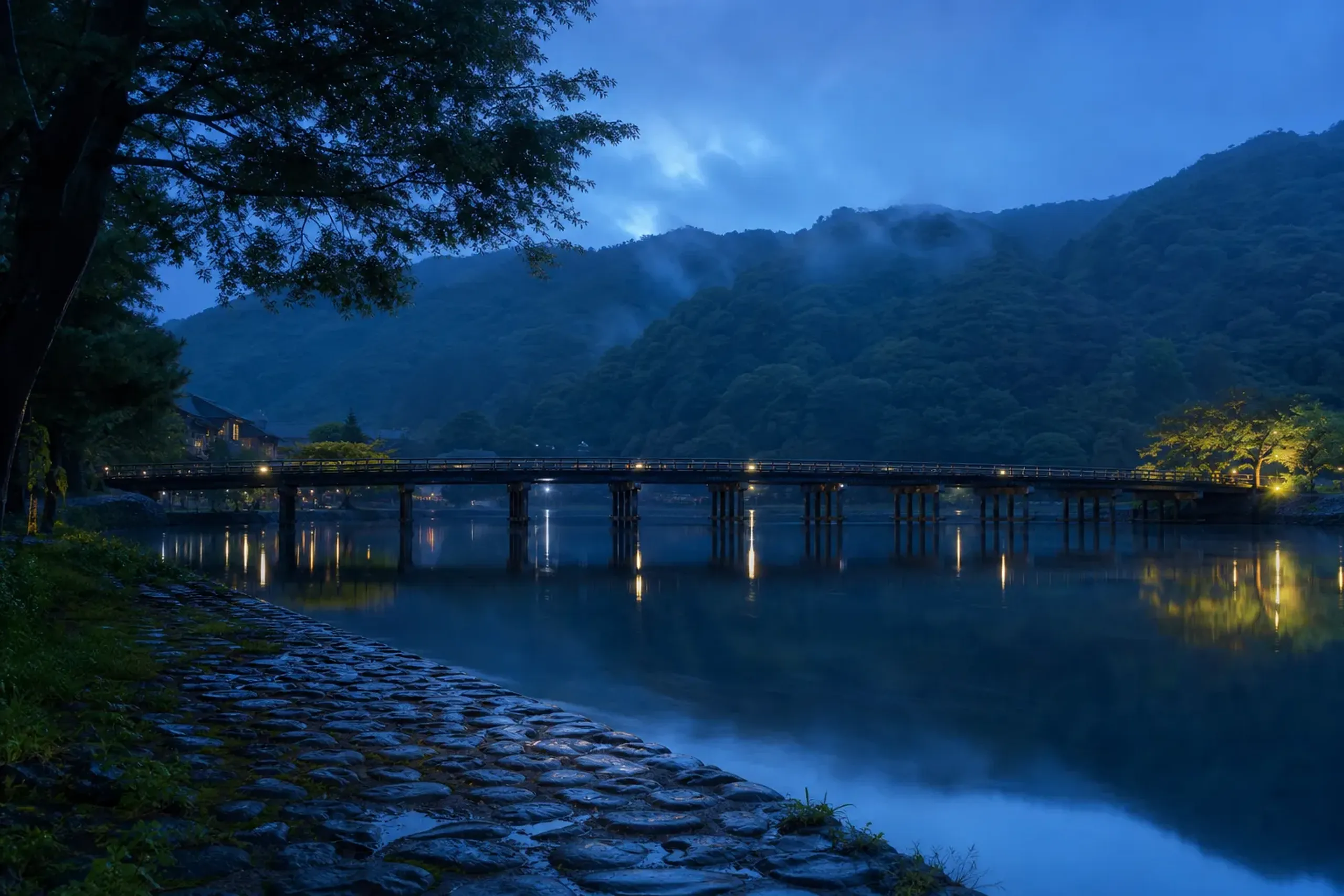Oi River and Togetsukyo Bridge at Arashiyama Kyoto at dusk with no crowds