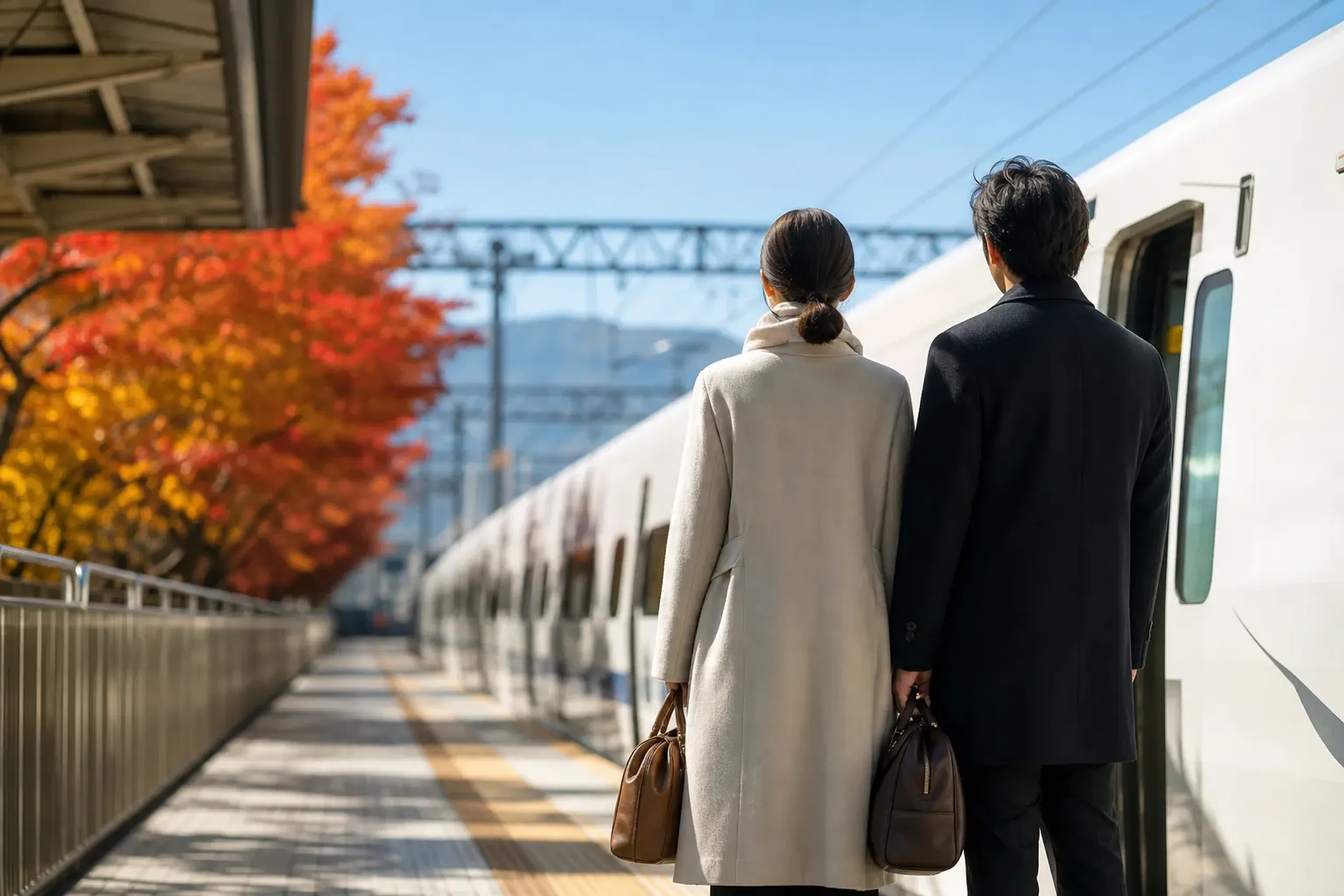 Travelers with small carry bags on a Shinkansen platform with a train behind them