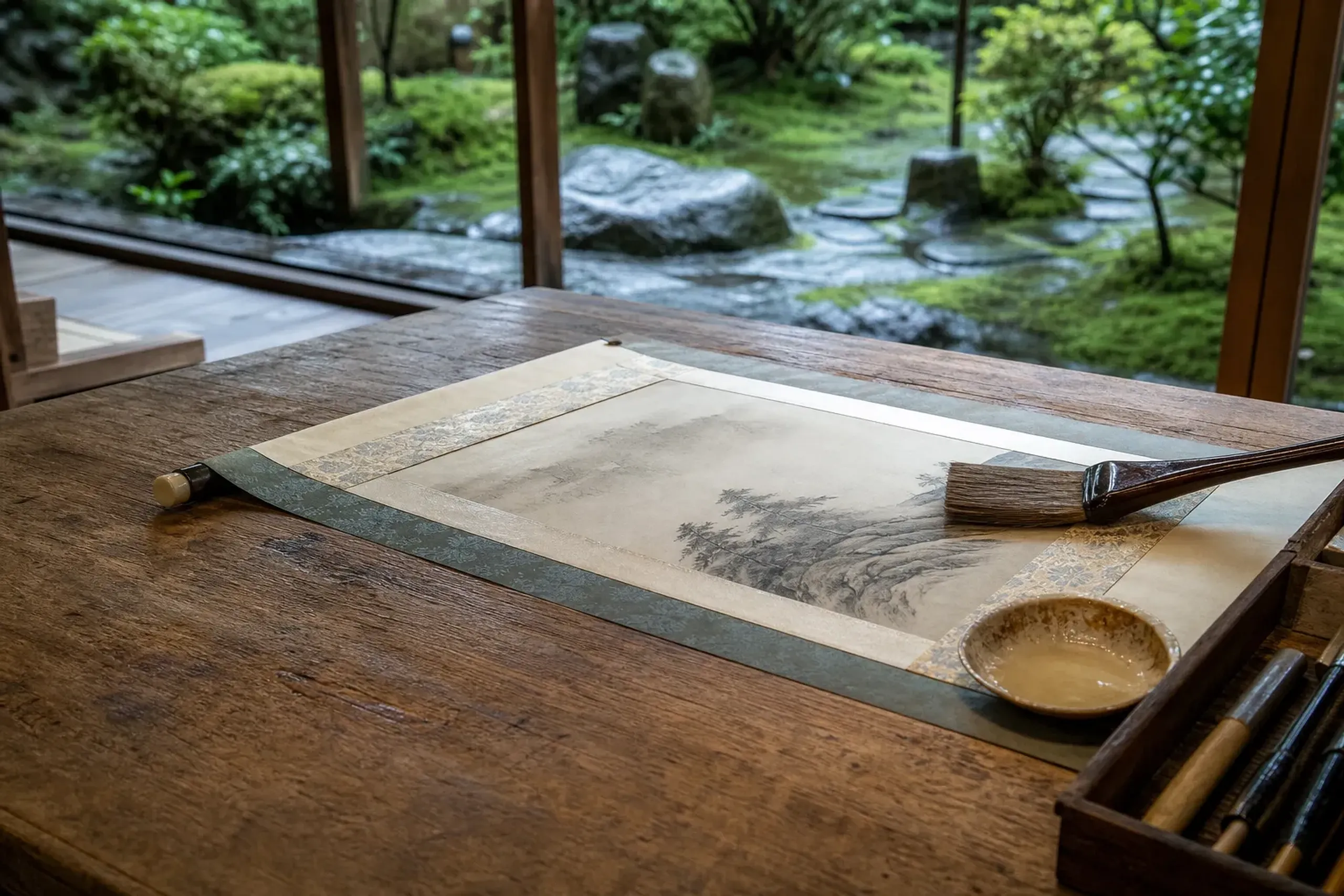 Traditional Japanese scroll-mounting workshop with brushes, paper and tools in natural light