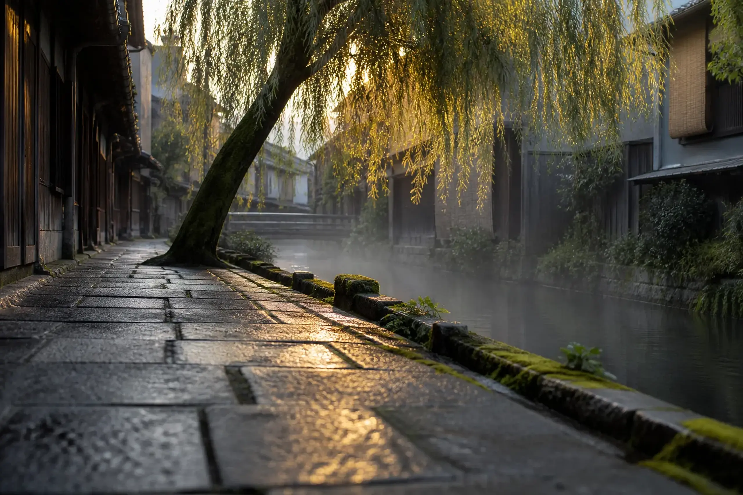 Calm early-morning stone-paved street beside a canal in Gion, Kyoto, with willow trees