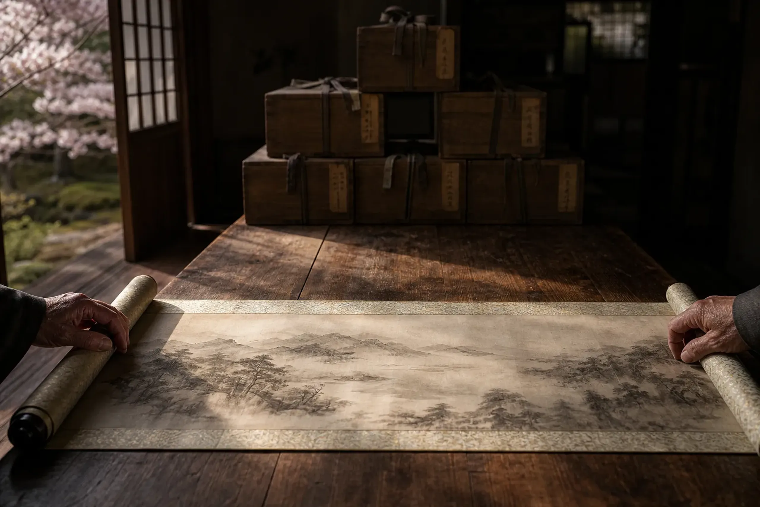 A hanging scroll unrolled across a low table in a dim antique dealer's back room, held open at each end, with cedar storage boxes tied in faded cord stacked to the ceiling behind