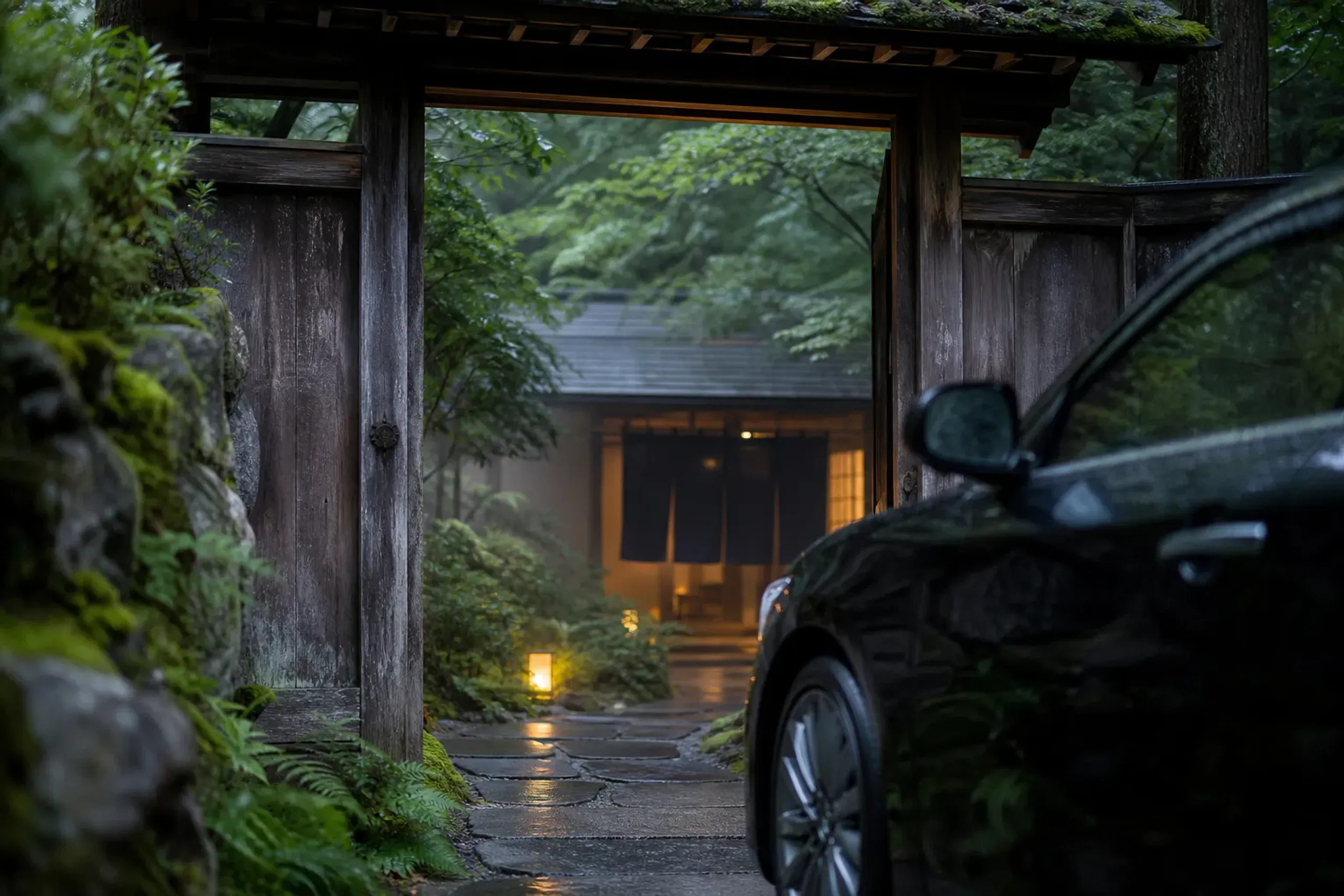 The weathered wooden entrance gate and stepping-stone path of a secluded Kyoto ryokan, noren curtain hanging in the doorway