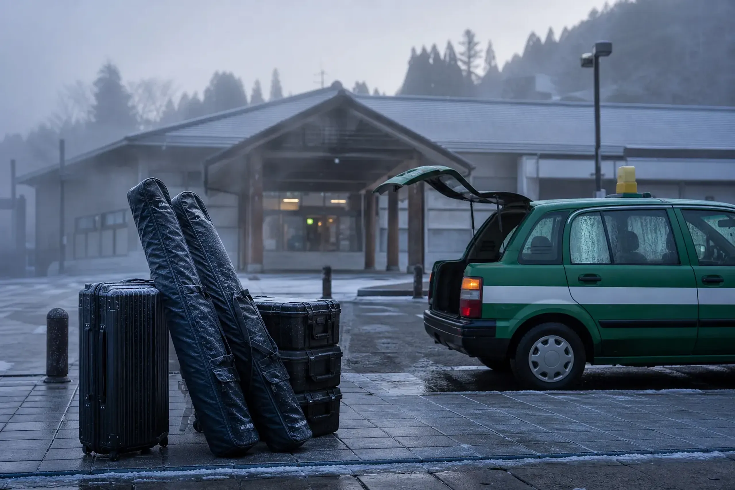 Ski bags and hard-shell trunks stacked beside a green-and-white Japanese taxi at a cold curb outside a train station