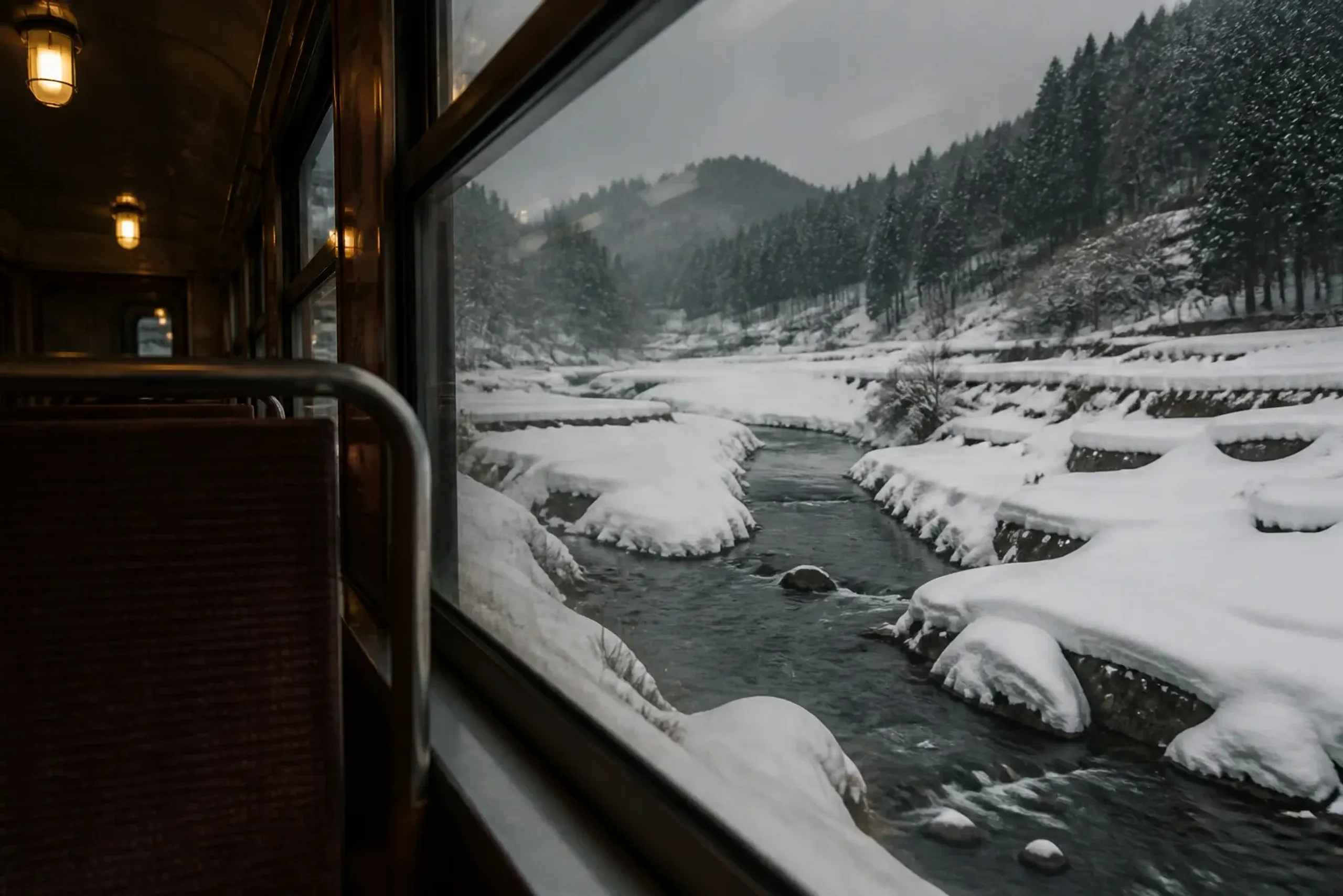 A local train carriage cutting through deep snow banks alongside a black river running between white-covered rice terraces, viewed from inside the warm carriage