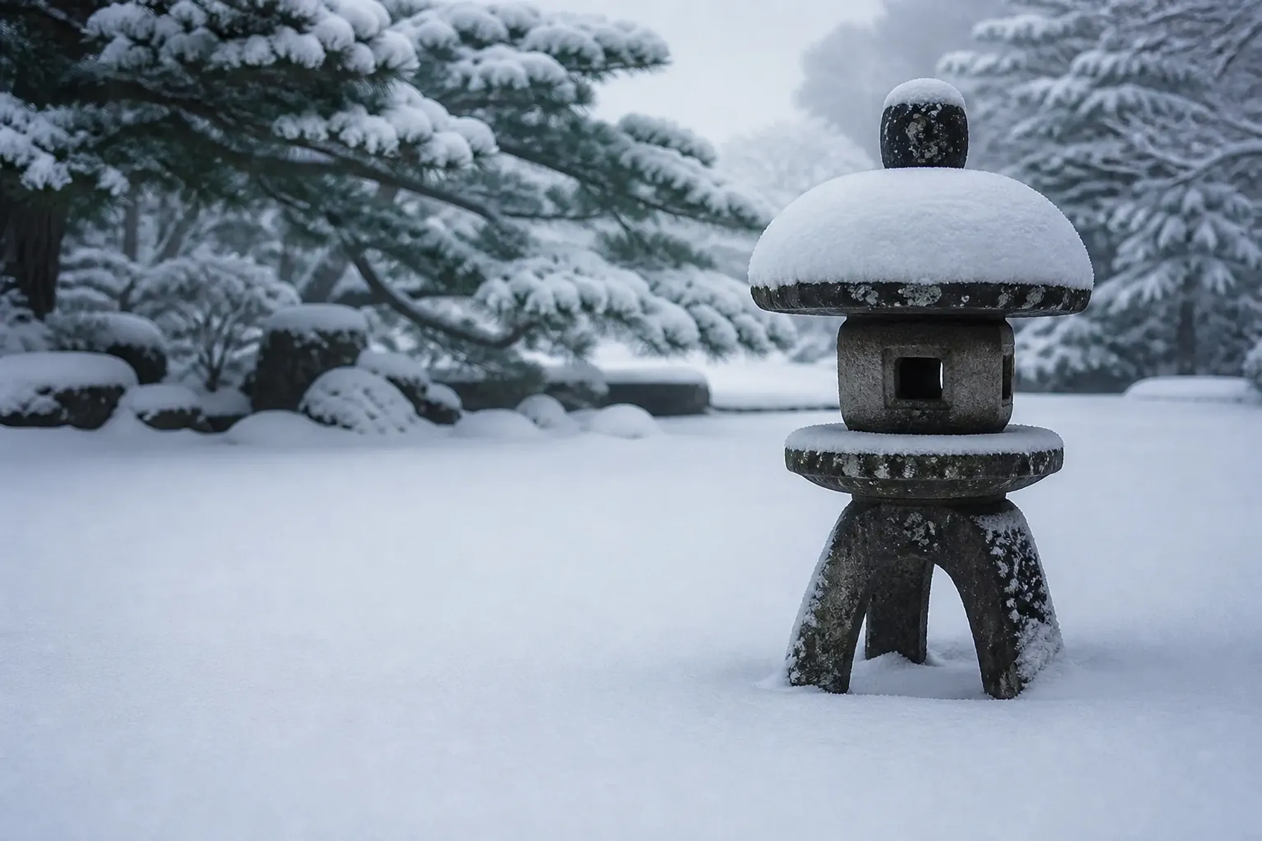 An empty Japanese temple garden under fresh snow at nine in the morning, raked gravel and a stone lantern capped with snow, no visitors present