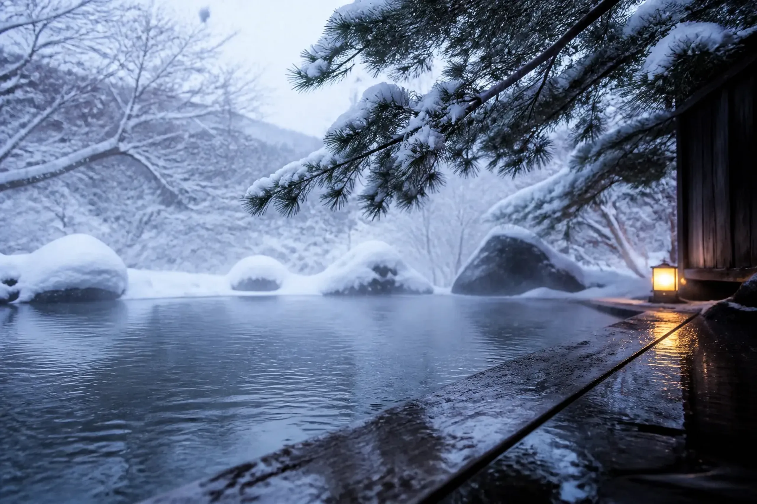 An outdoor ryokan rotenburo bath steaming in falling snow, snow-laden pine branches and a cedar bath edge with rising vapour