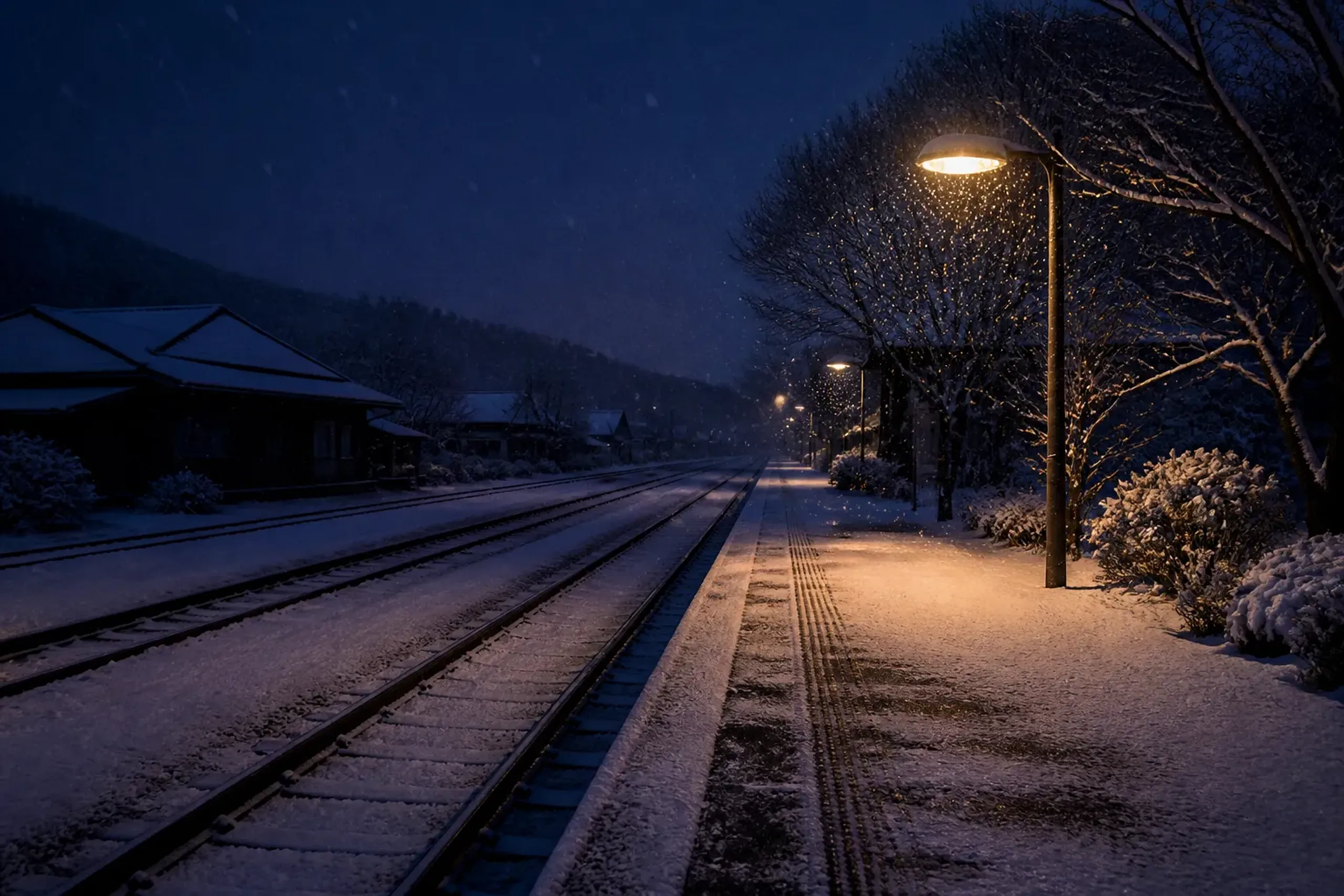 A snow-covered rural railway platform at early dusk under a single overhead light, deep drifts along the empty tracks