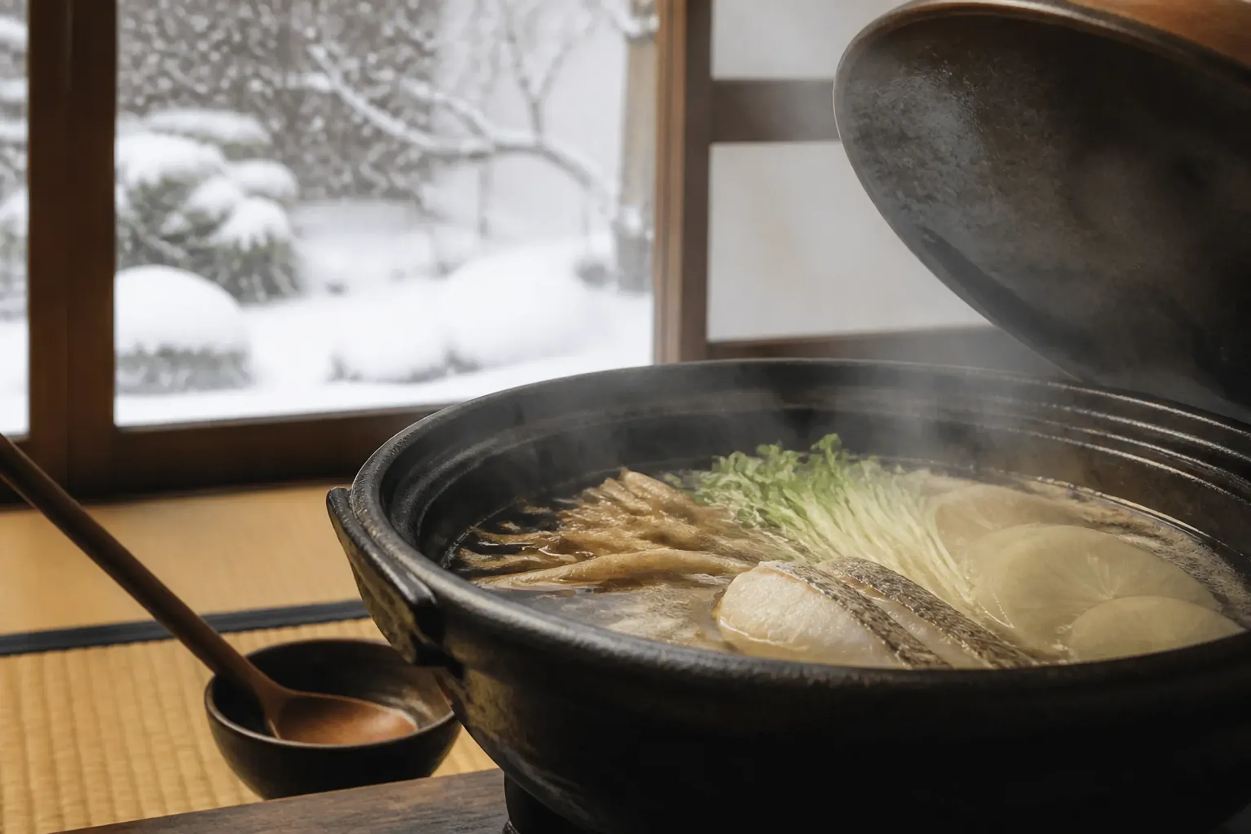 A steaming hot pot brought to a low ryokan table beside a window with heavy snow falling outside, root vegetables and winter fish arranged in the broth