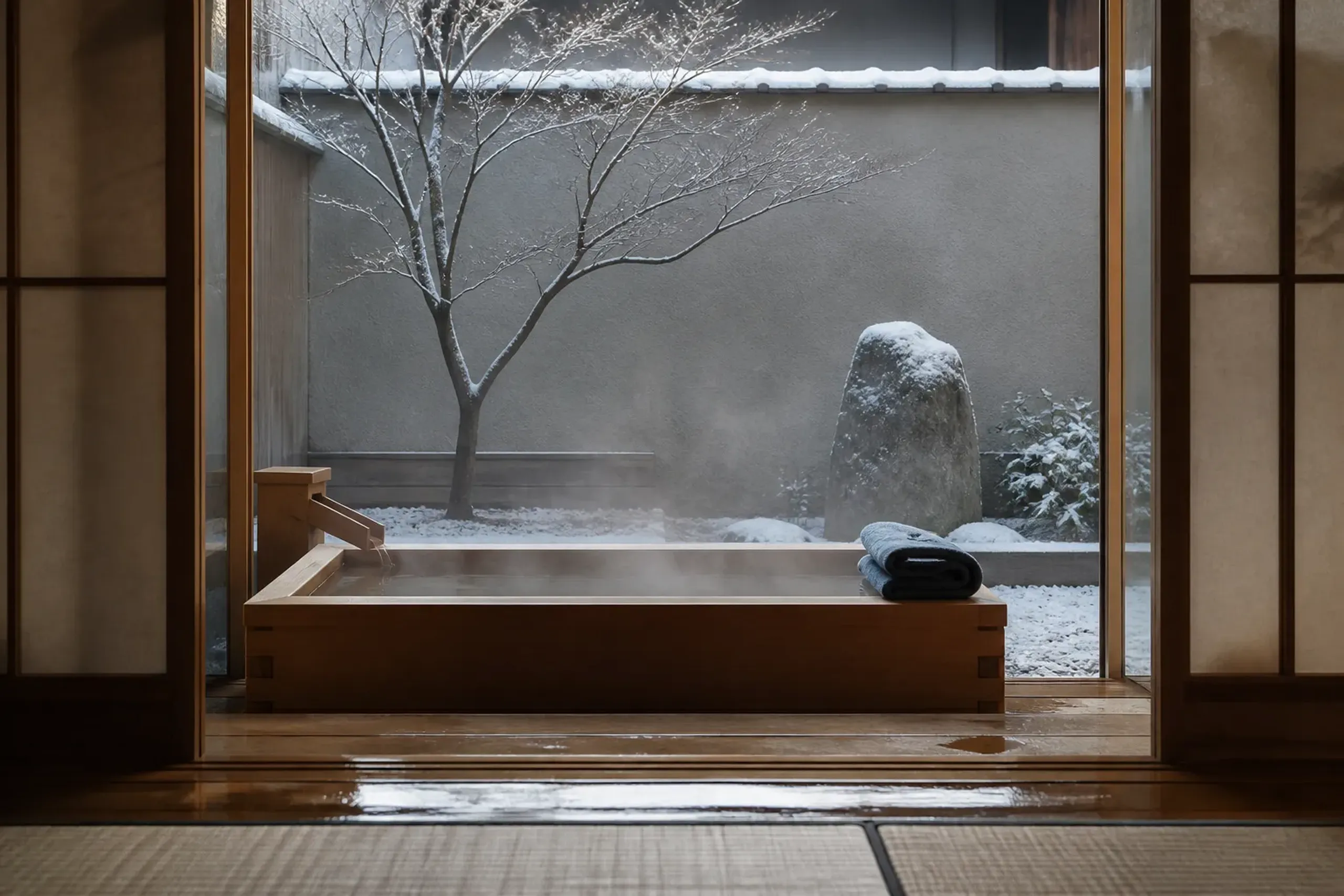 Private in-room open-air onsen bath at a ryokan with garden view