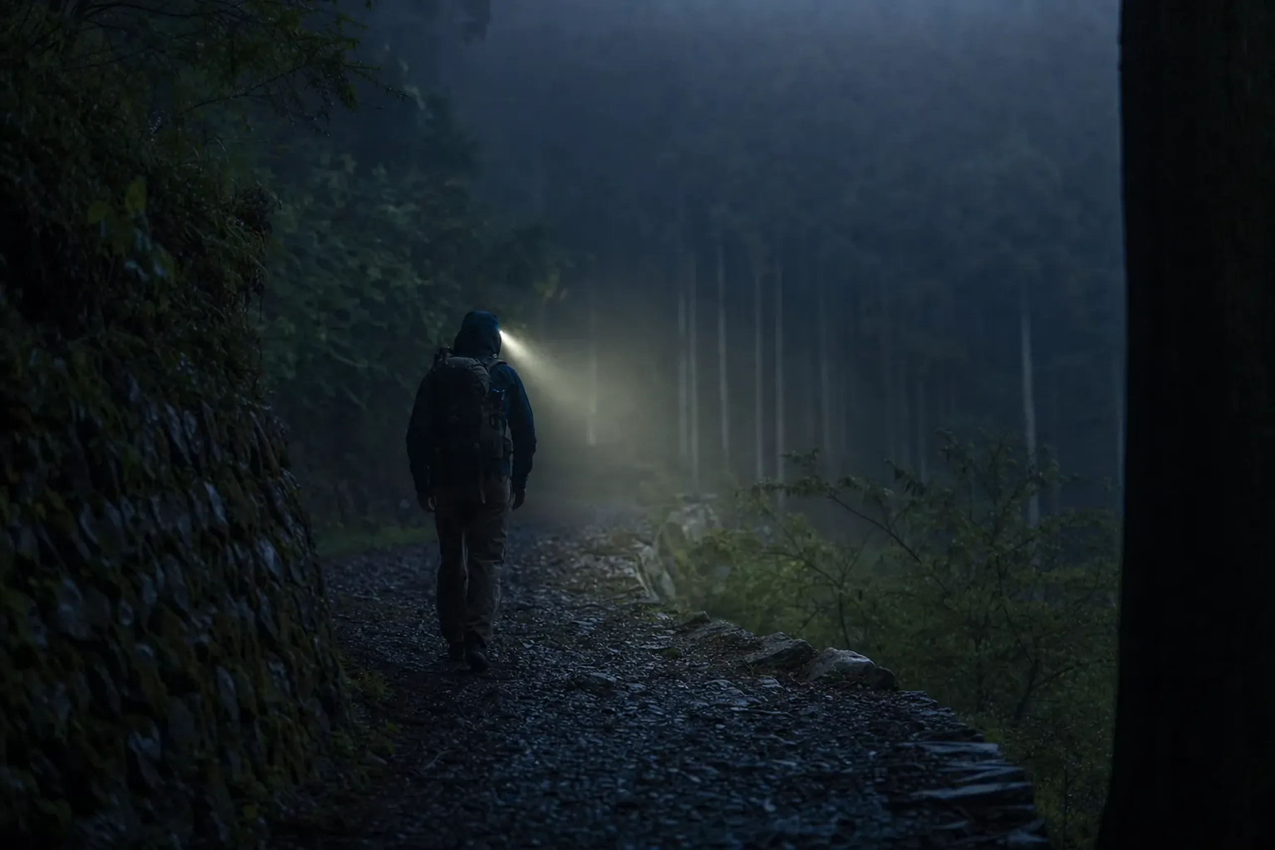 Headlamp light on a wet path before sunrise in Yakushima cedar forest