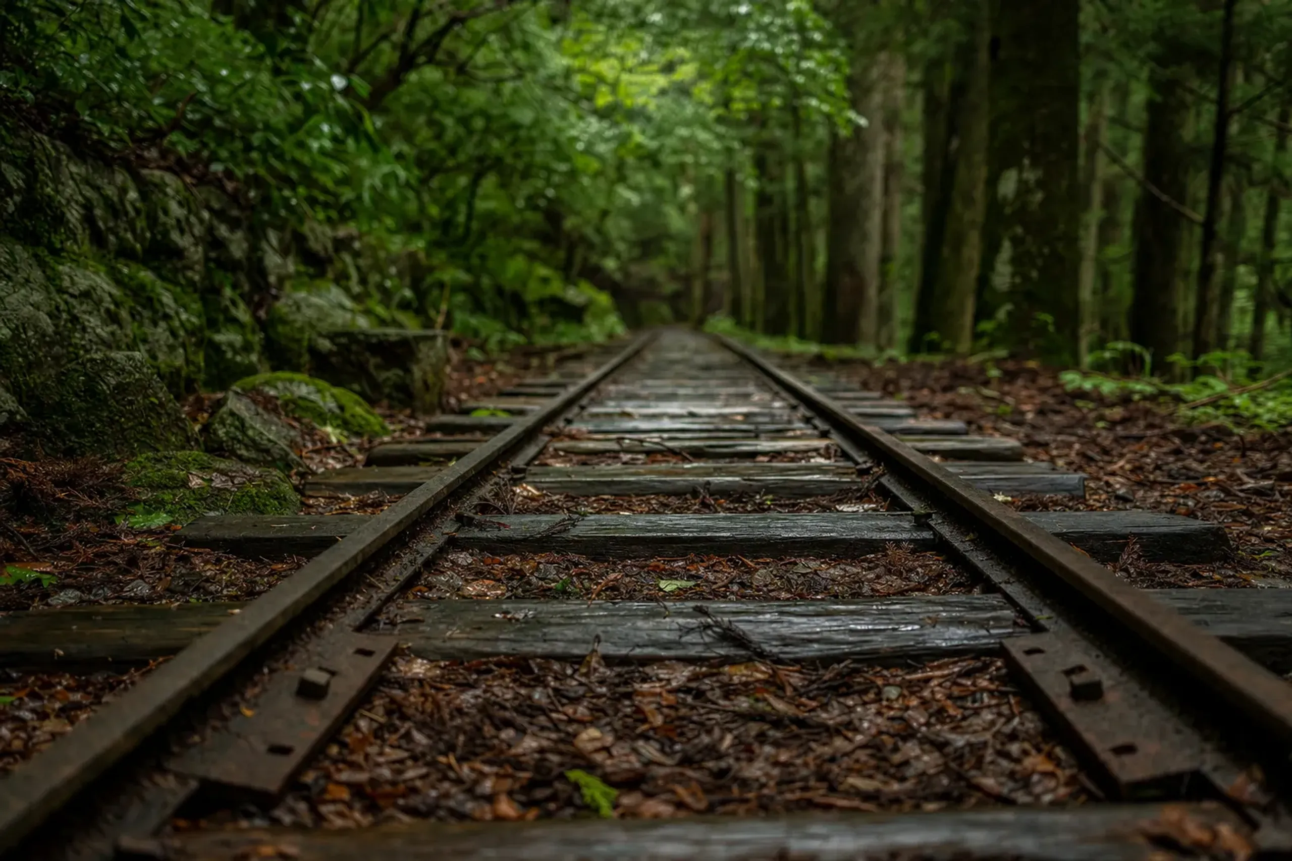 Wet wooden railway sleepers leading into Yakushima cedar forest on the Jōmon Sugi route