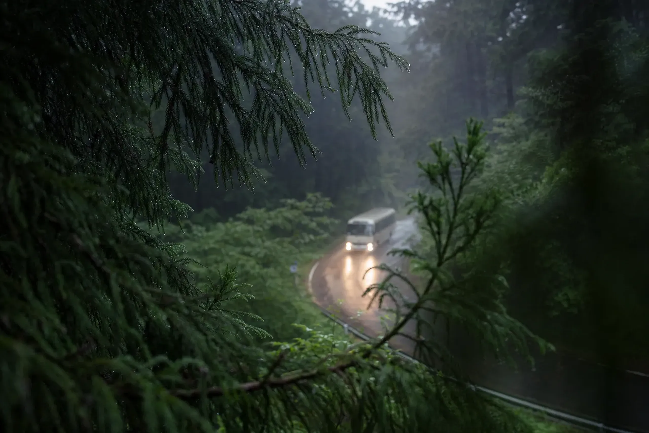 the chartered climbing bus travelling the Arakawa forest road toward the trailhead, viewed through wet cedar branches at first light
