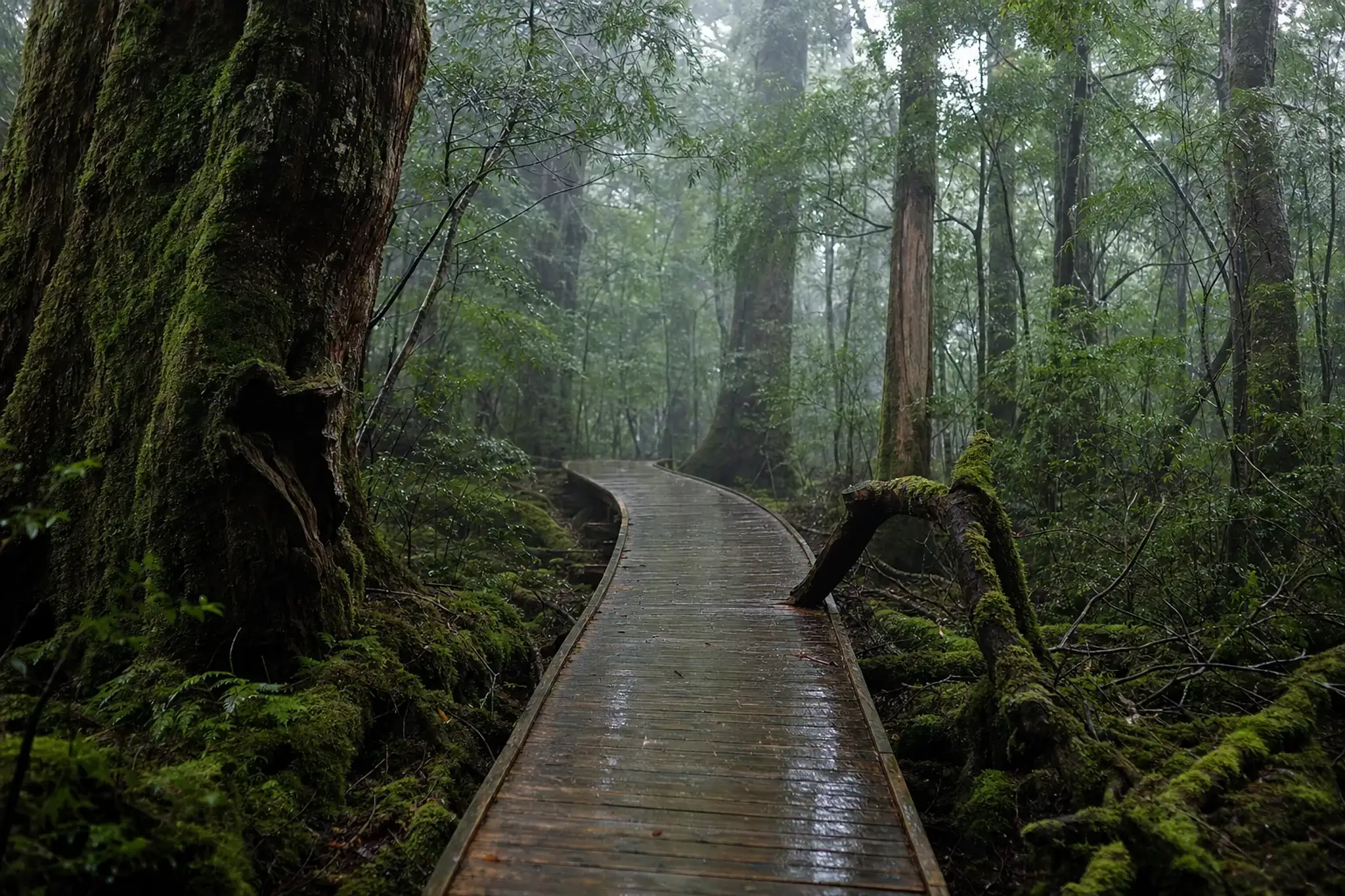 a rain-slicked wooden boardwalk winding through the moss-draped Yakusugi cedar forest of Yakushima
