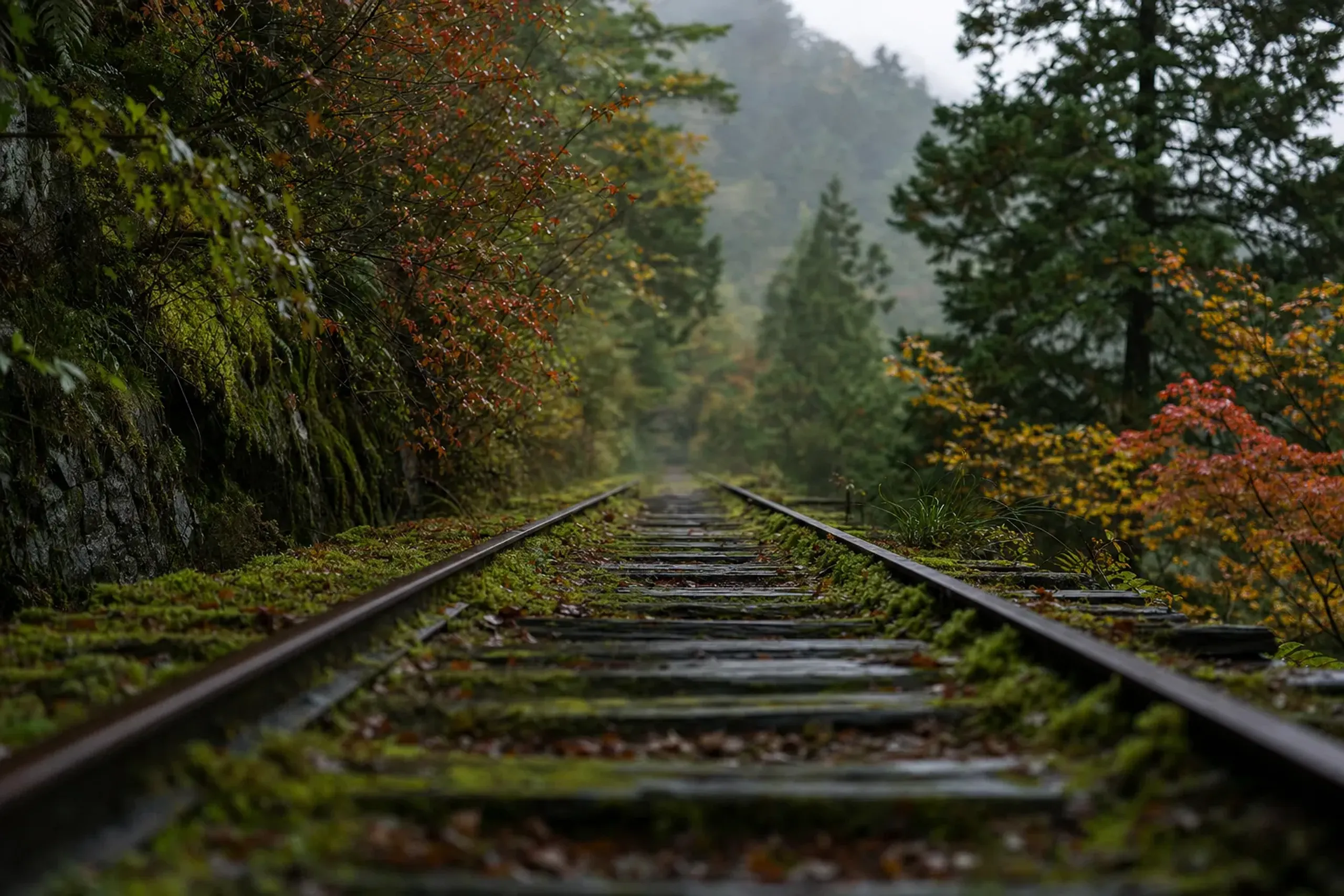 the old disused logging railway line stretching straight and level between forested slopes on the outward leg of the Arakawa trail