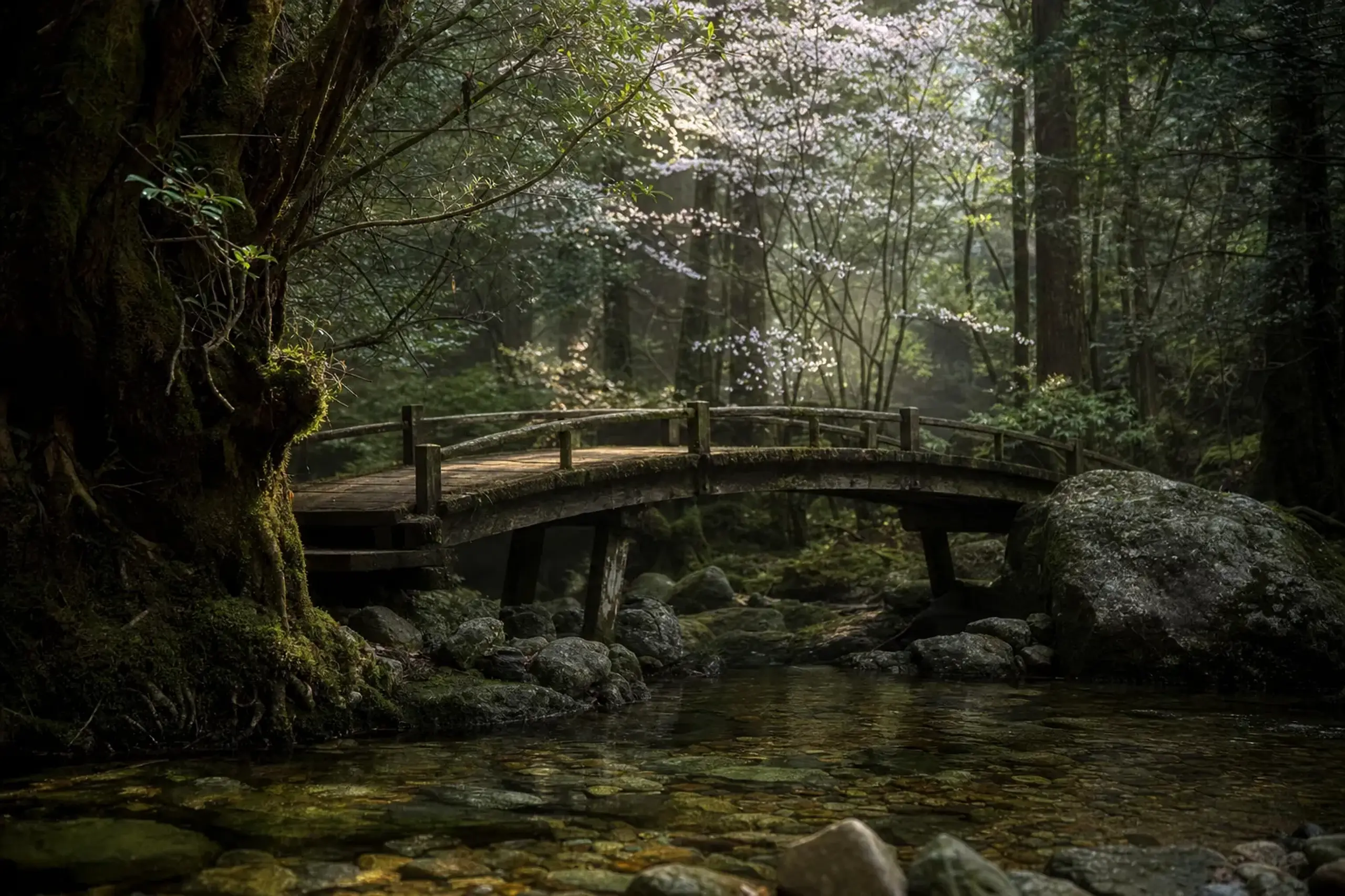 Wooden footbridge over a clear stream in the moss-covered Shiratani Unsuikyo ravine, Yakushima