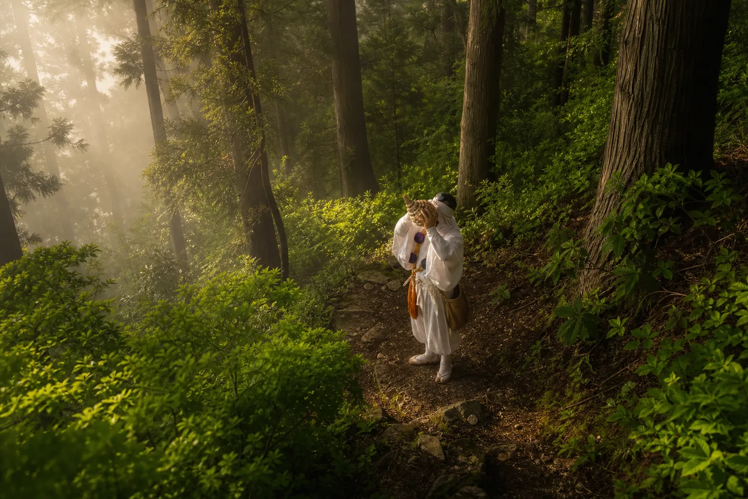 Yamabushi mountain ascetic blowing a conch shell on a misty cedar forest trail in Yamagata
