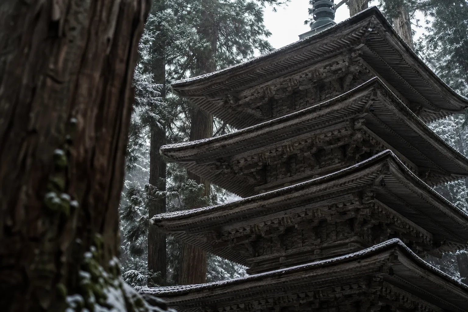 The 14th-century five-story pagoda of Mount Haguro among ancient cedar trees in Dewa Sanzan