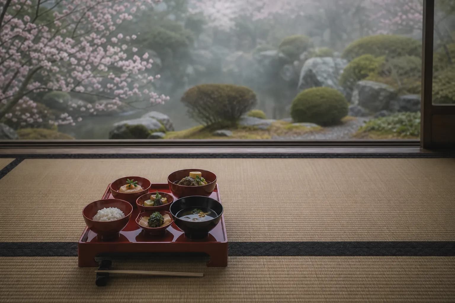 Shojin ryori vegetarian temple meal in lacquer bowls in a tatami room on Mount Koya