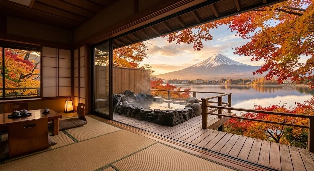 A tranquil view of a private natural rock onsen on a wooden deck overlooking Mount Fuji and Lake Kawaguchiko at sunset, with autumn leaves framing the iconic scene from a luxury Japanese ryokan.