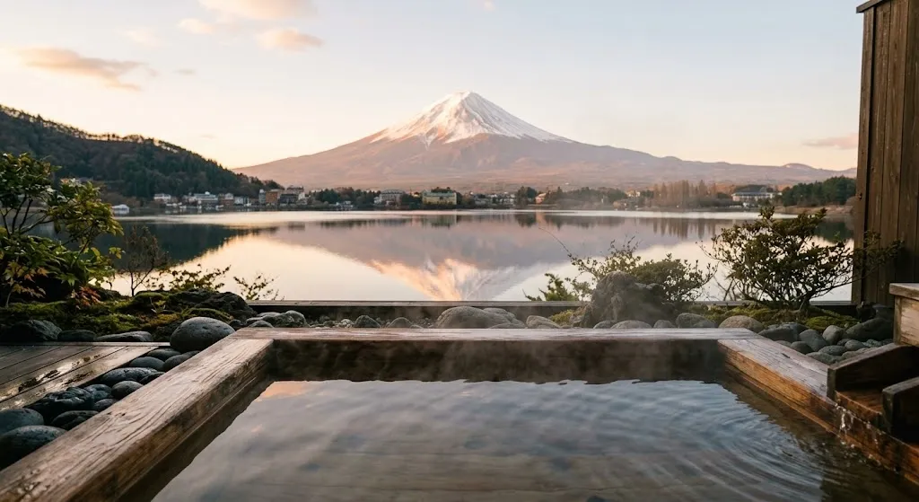 A luxurious private cedar outdoor hot spring bath on a terrace overlooking a serene, crystal-clear lake, with the majestic Mount Fuji rising beautifully in the soft morning light.