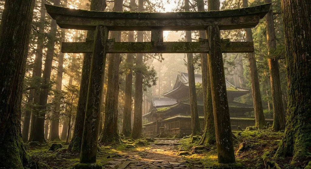 Sunlight filters through towering cedar trees illuminating an ancient, mossy wooden torii gate deeper leading into a secluded mountain Buddhist temple in Yamanashi, Japan.