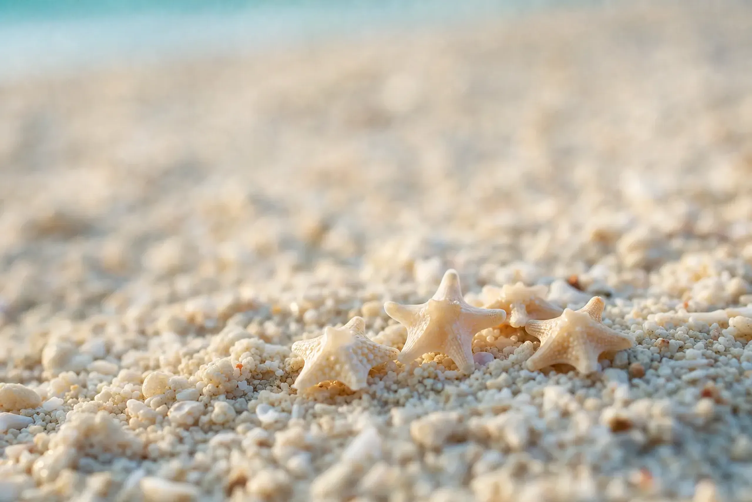 a close-up of star sand grains — the five-pointed fossilised foraminifer shells — tangled among white coral sand on the vanishing Yurigahama sandbar