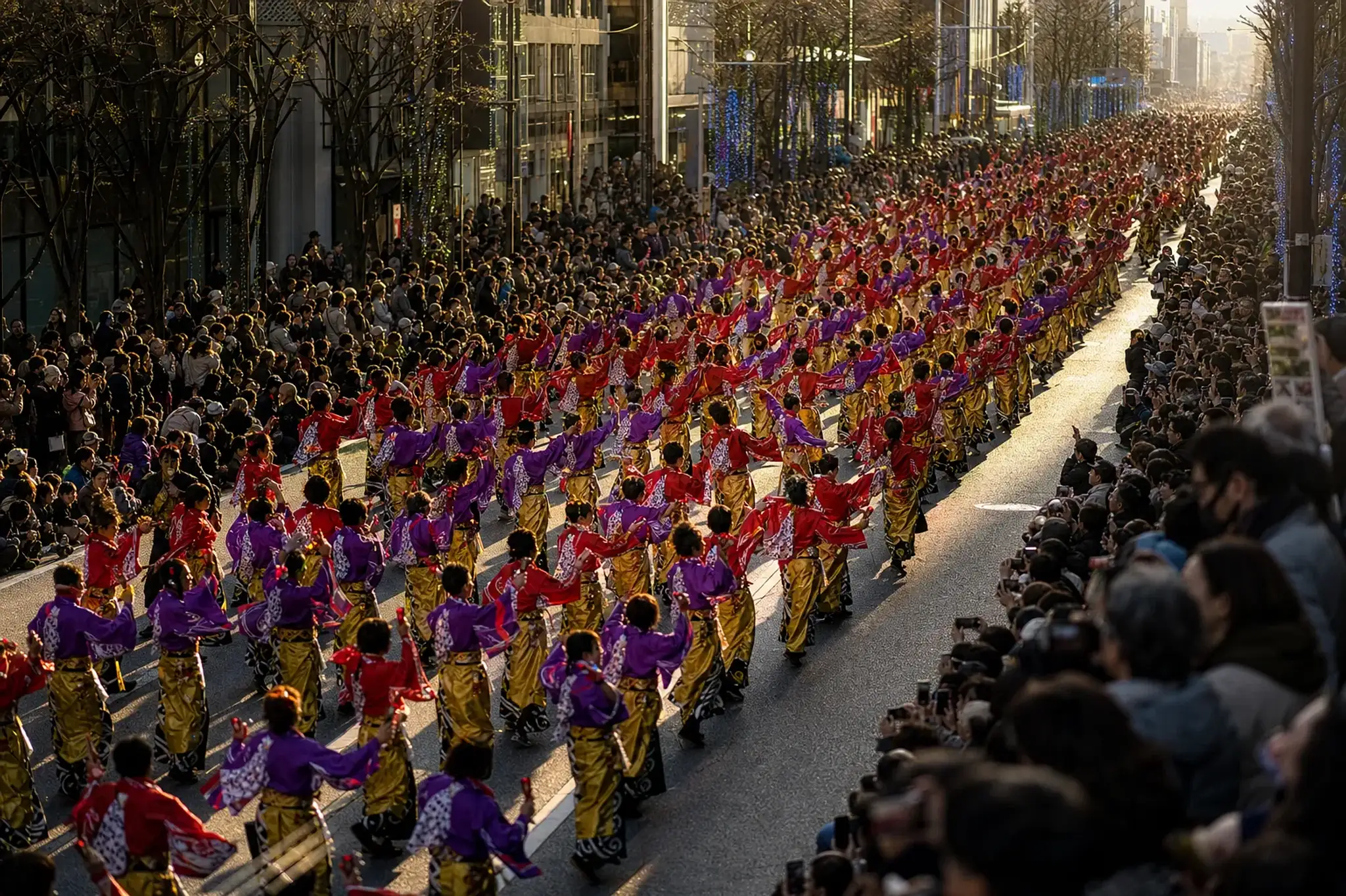 A wide crowd of spectators lining a central Sapporo street watching the YOSAKOI Soran parade fill the avenue between office buildings