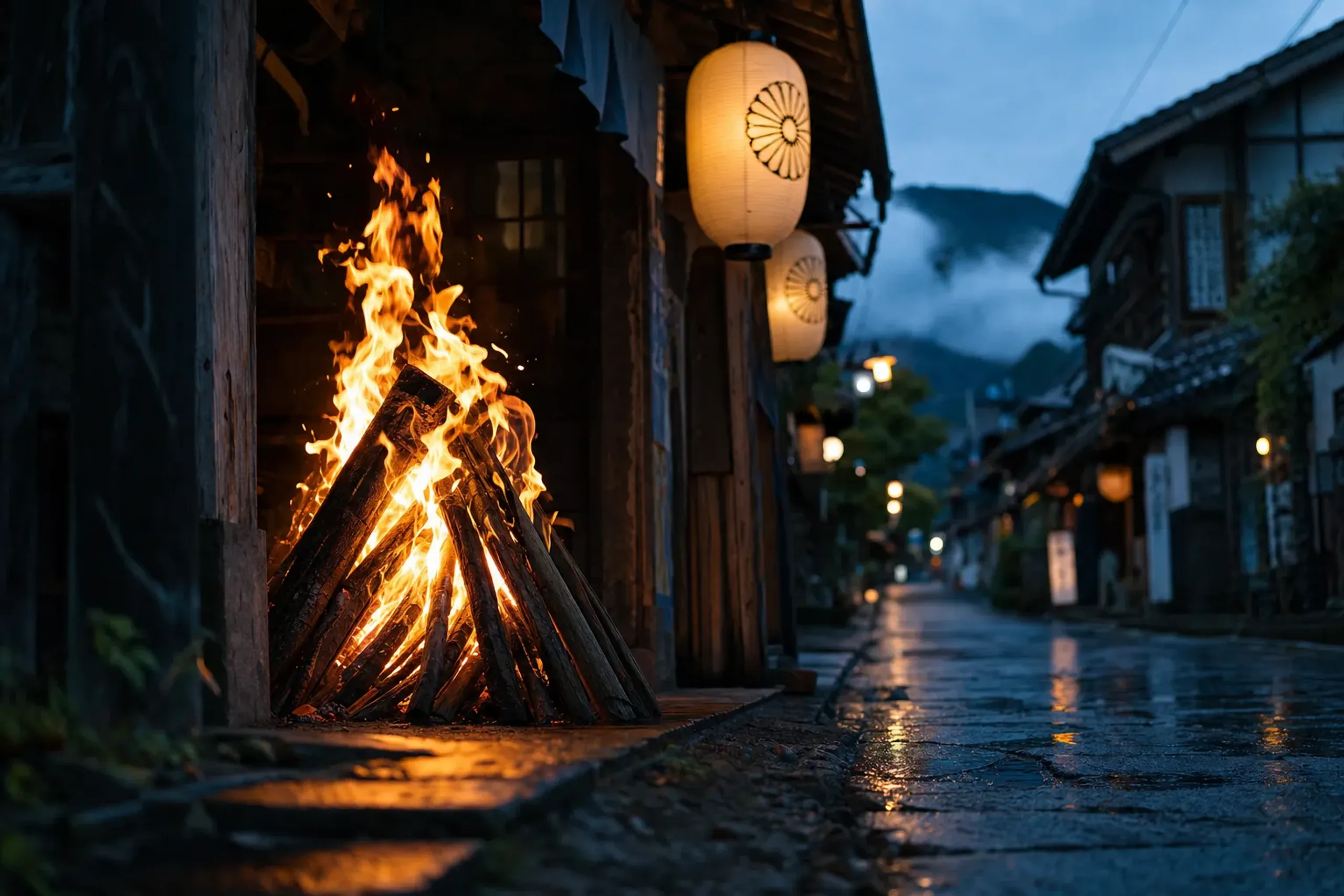 a small log-stack fire burning in a shop doorway along the main street of Kamiyoshida at dusk, with pine logs stacked in a pyramid and glowing embers