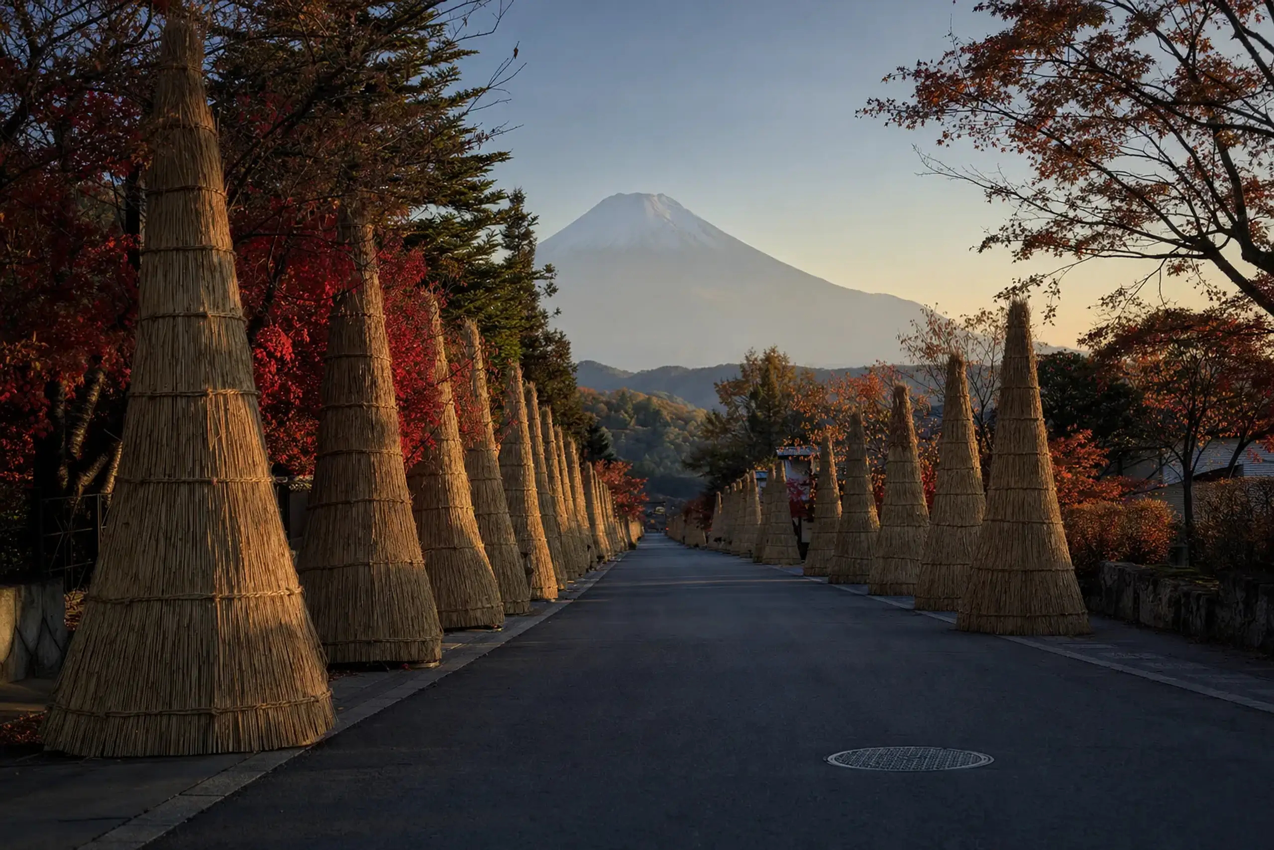 the straight main avenue of Kamiyoshida lined with rows of unlit three-metre bamboo-shoot-shaped torches running toward Mount Fuji, cleared of all vehicles