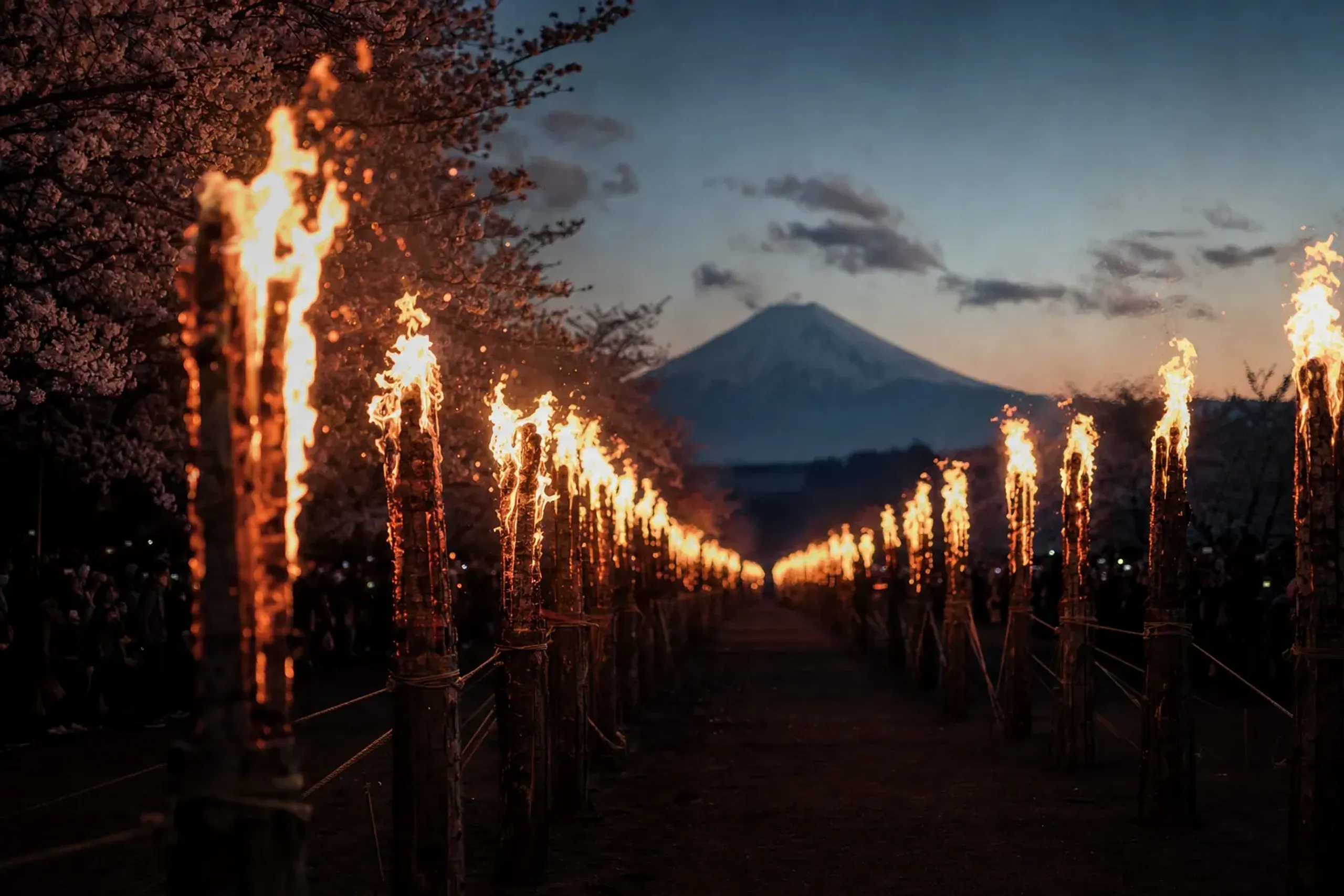 the line of towering torches ablaze down the two-kilometre street at nightfall, flames and smoke rising with the dark silhouette of Mount Fuji beyond