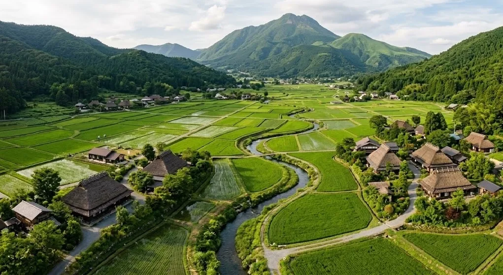 An elevated view of Yufuin’s green rice fields and traditional thatched-roof buildings, illustrating the town's commitment to preserving its authentic agricultural heritage and landscape.
