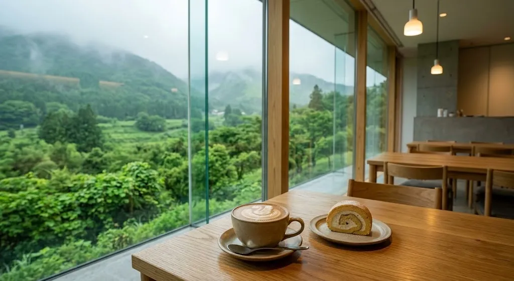A modern Yufuin cafe interior featuring minimalist wooden furniture, a fresh latte with latte art, and a seasonal cake slice set against a large window viewing a garden.
