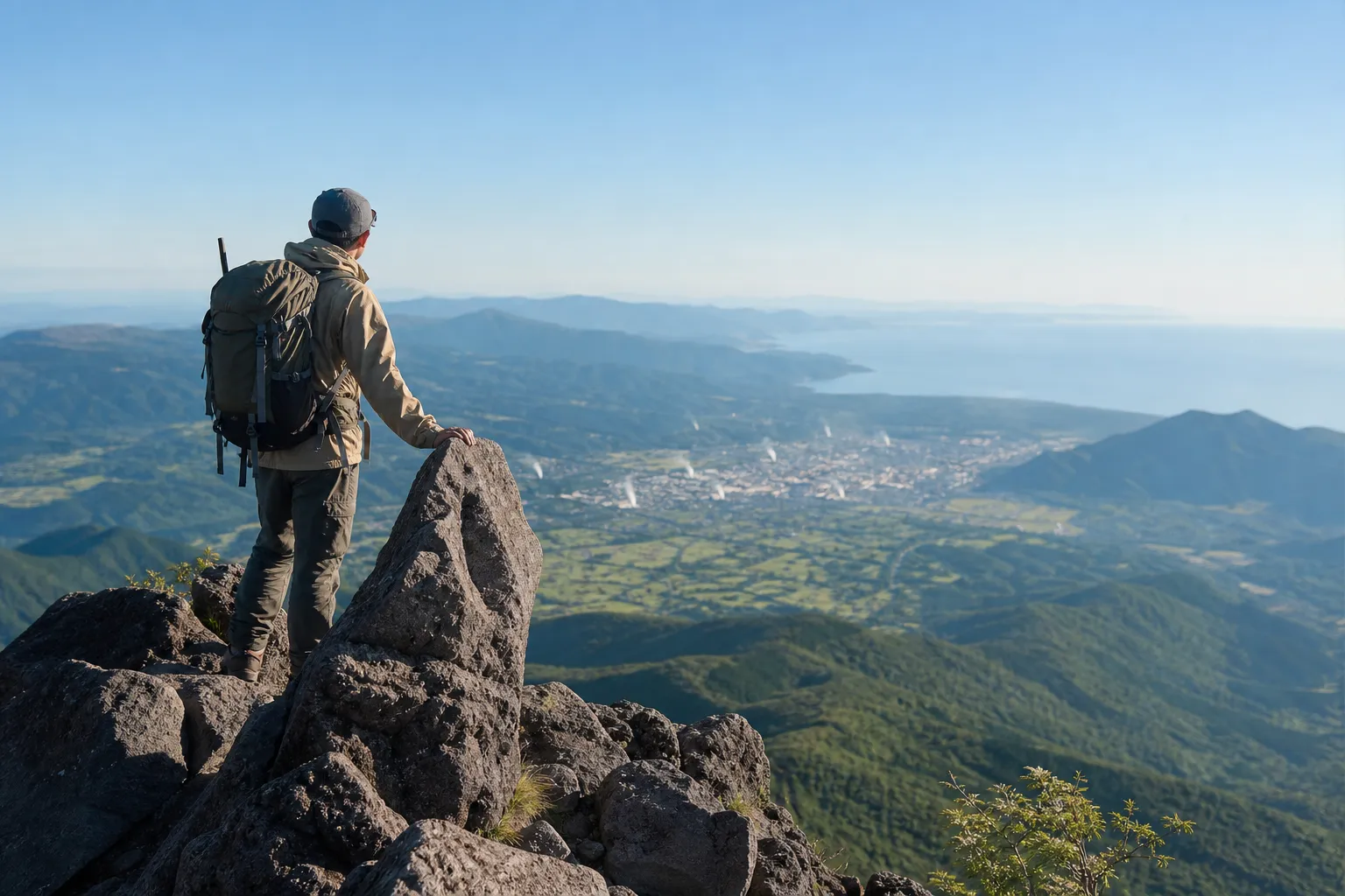 A hiker stands on the rocky summit of Mount Yufu, gazing out at the vast green valley and distant blue Beppu Bay under a bright morning sun.