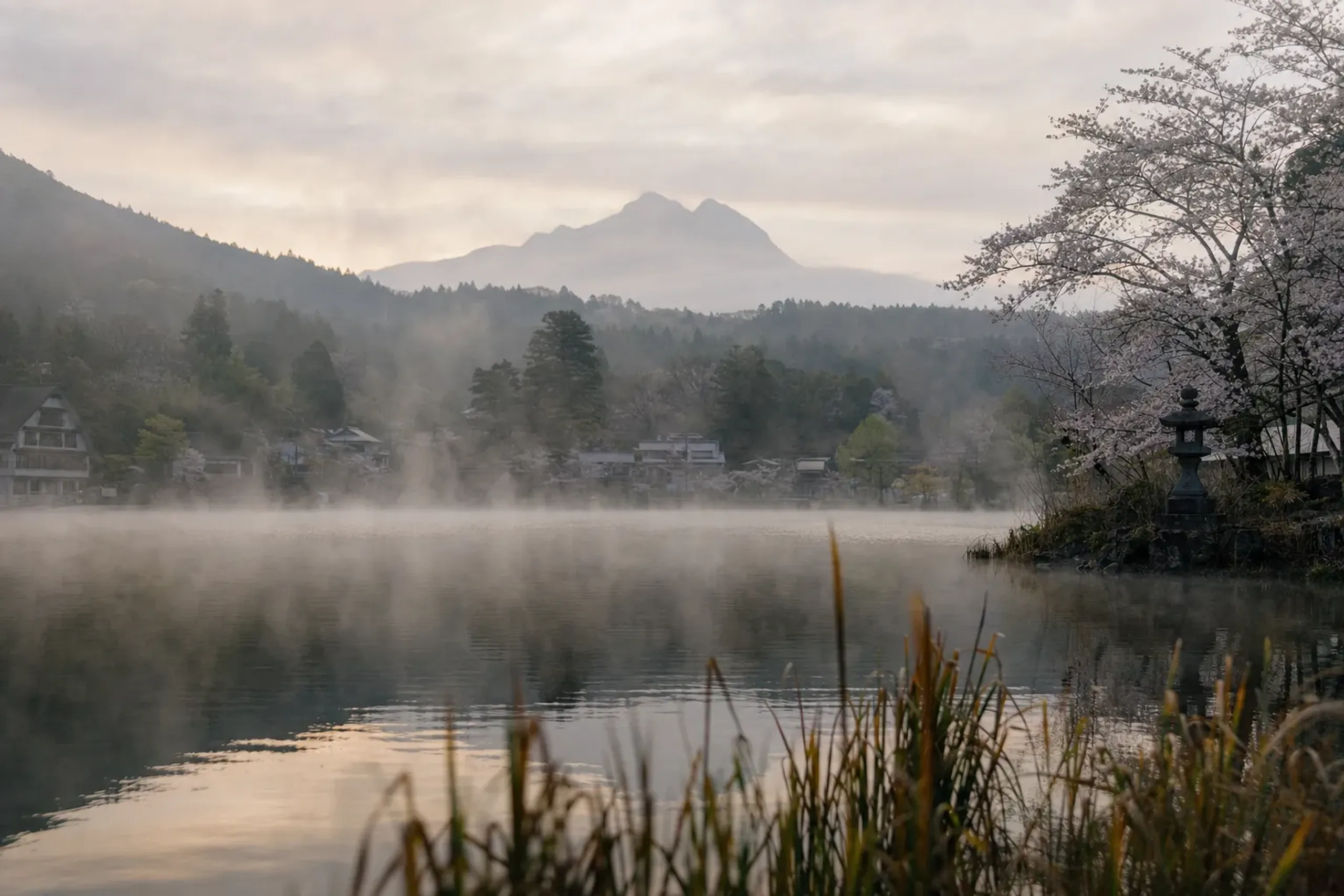 Morning mist rising off the calm surface of Lake Kinrin at dawn in Yufuin, with Mount Yufu's twin peaks in the background and no crowds