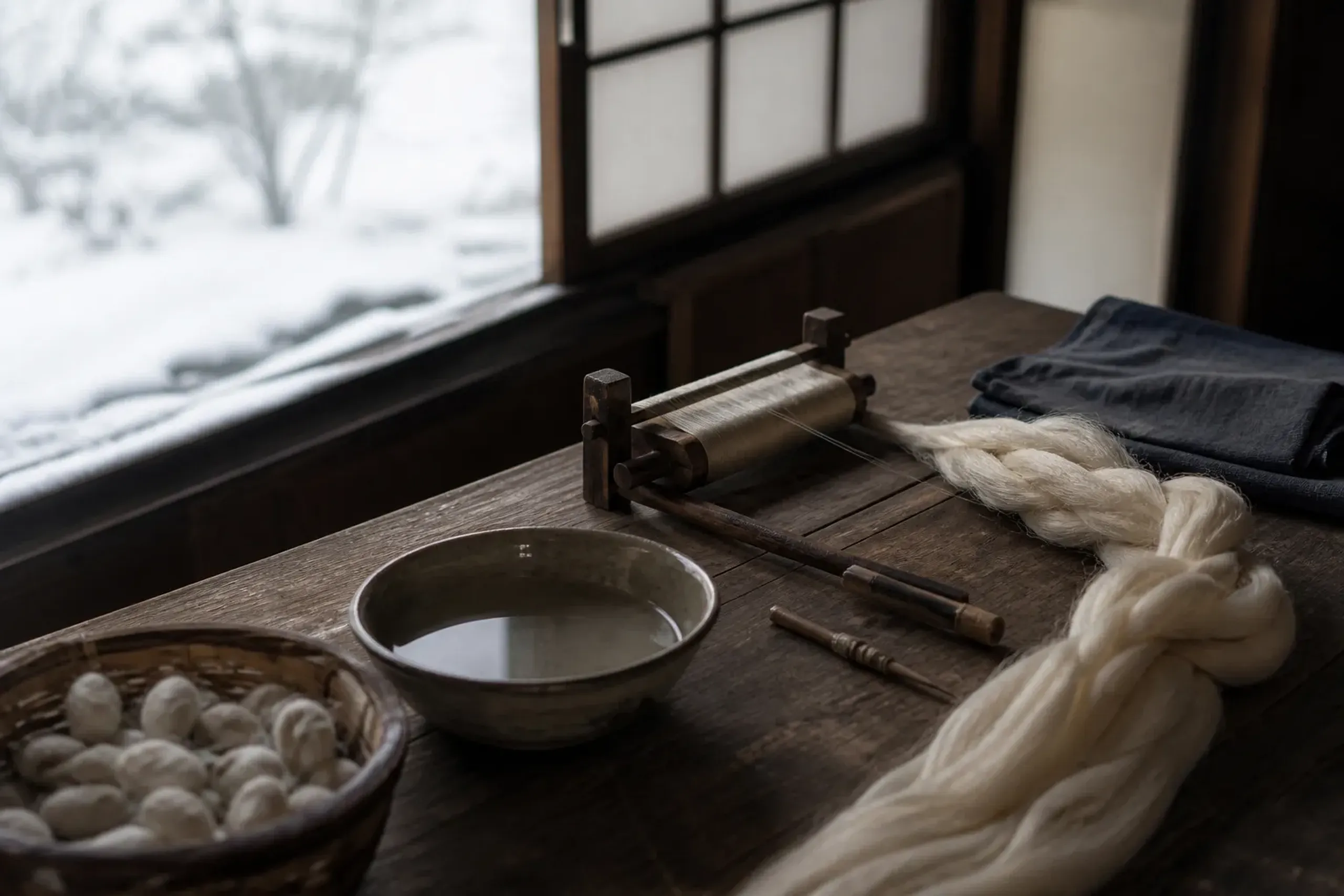 Traditional tools and materials used in Yuki tsumugi technique laid out on a workbench