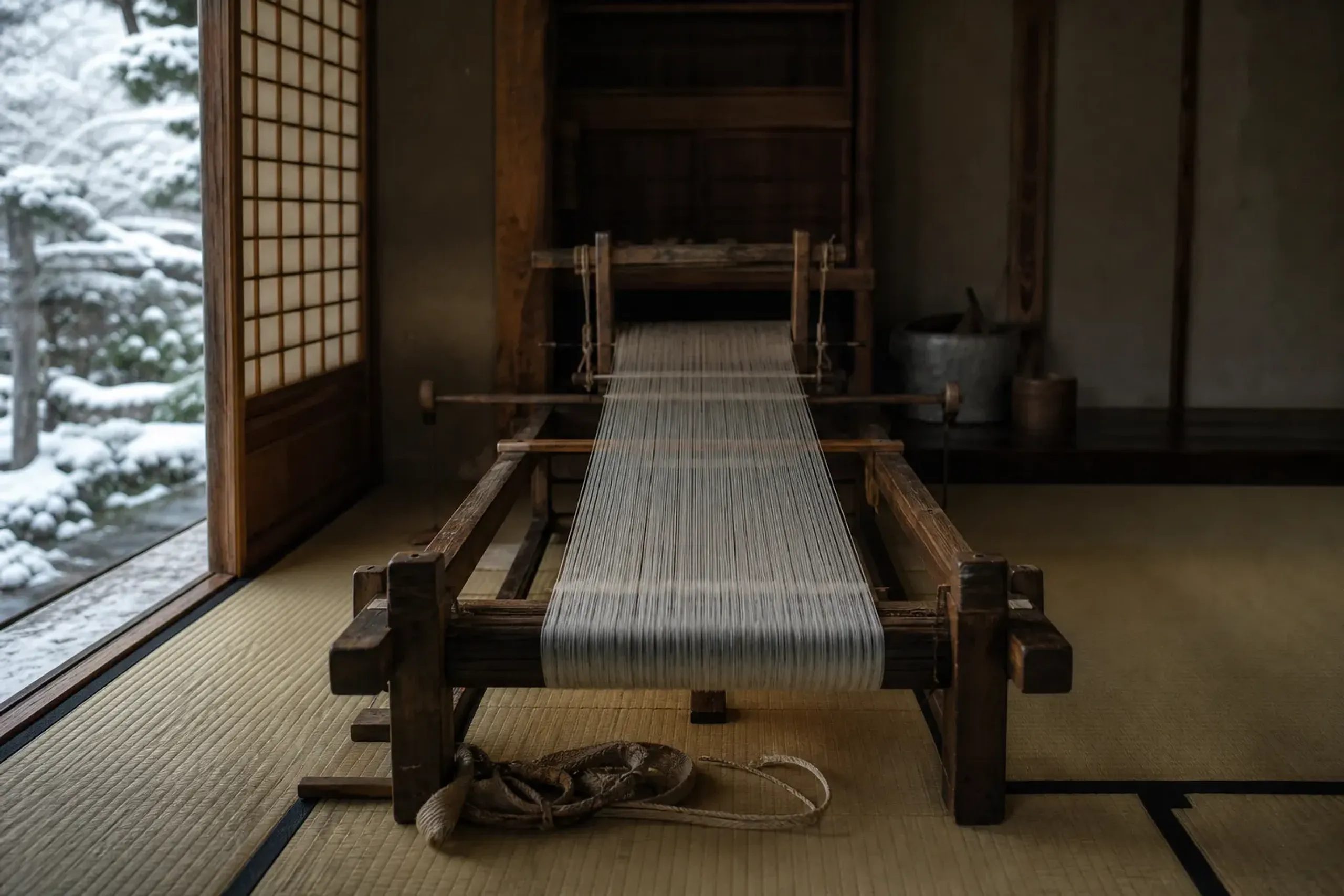 Traditional jibata loom used for Yuki tsumugi weaving inside a workshop