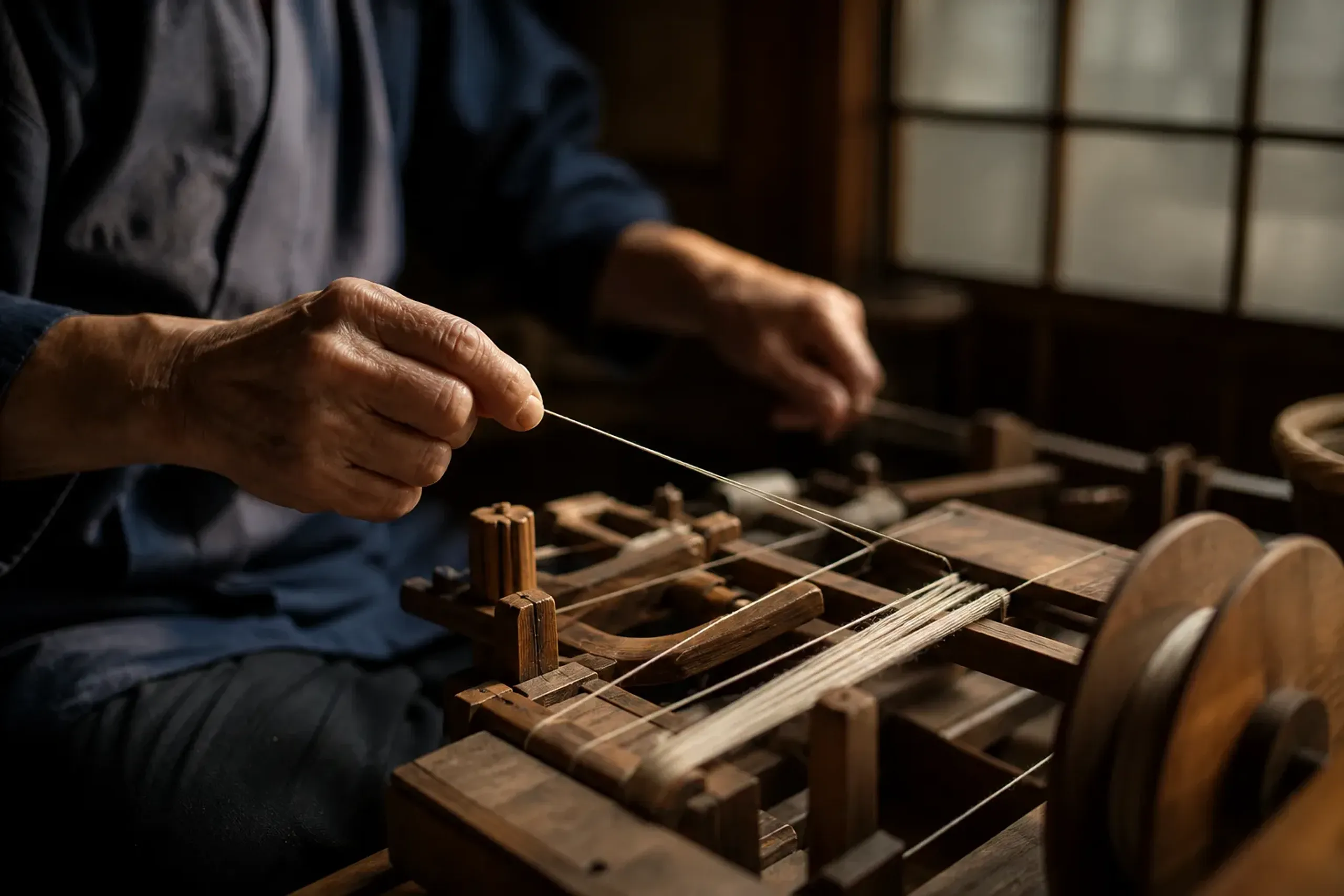 Visitors observing a Yuki tsumugi craft demonstration in a workshop setting