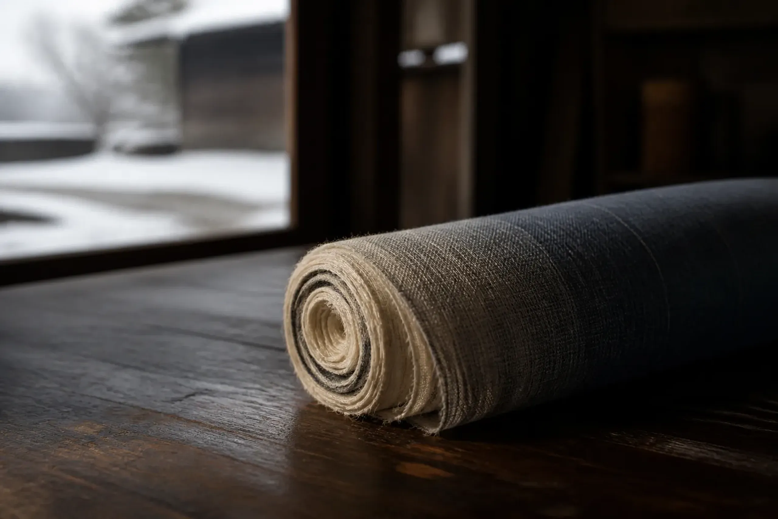 a rolled bolt of Yuki tsumugi silk cloth resting on a wooden table, its untwisted-thread weave catching soft light