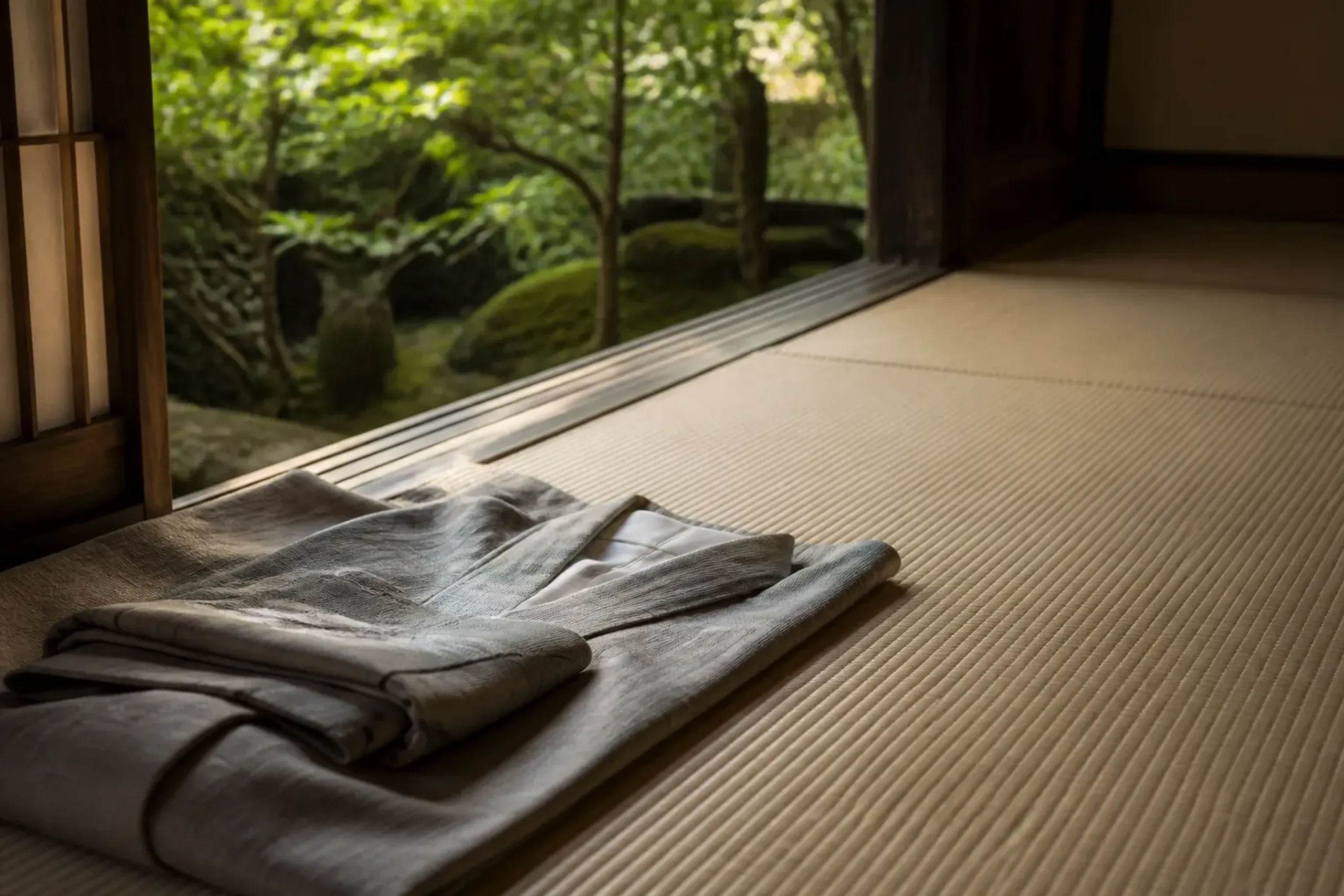a folded Yuki tsumugi kimono in muted natural tones laid across a tatami mat, showing its soft matte drape