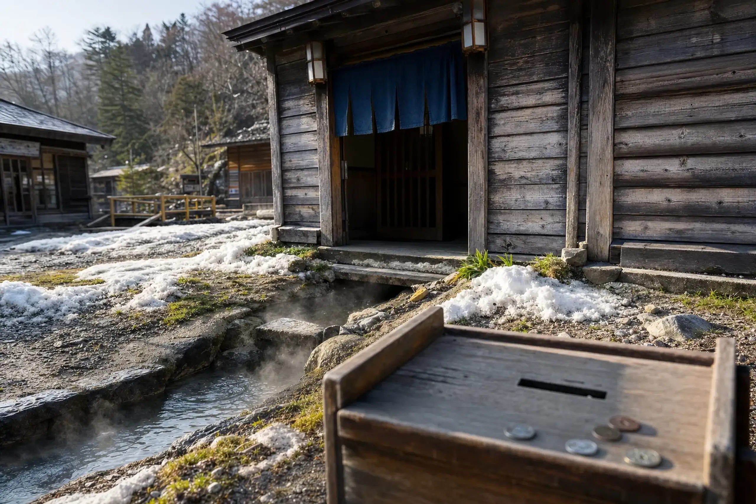 Exterior of Kamiyu, Shimoyu, or Kawarayu public bathhouse in Zaō Onsen with its self-pay collection box