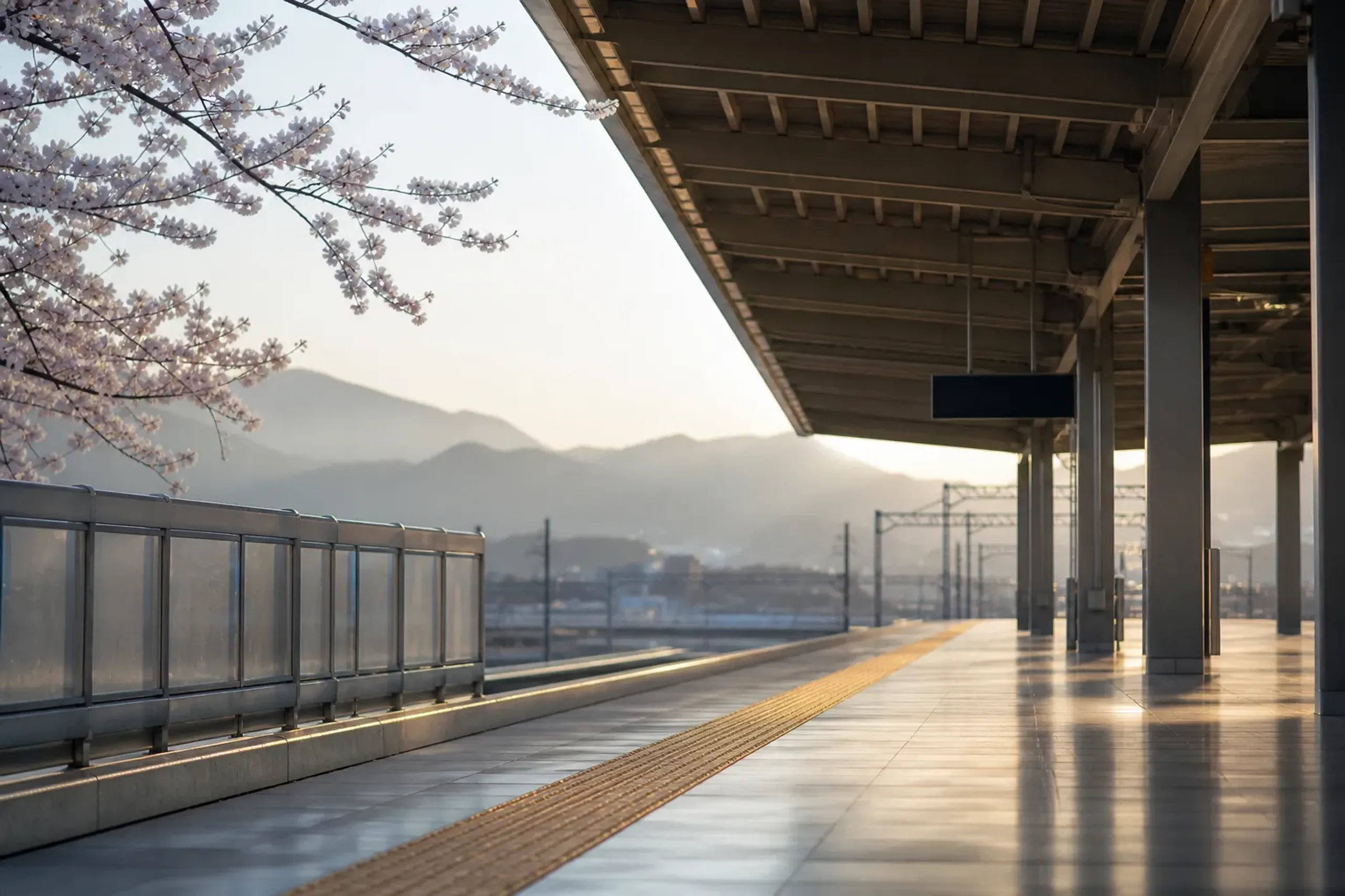 Empty Shinkansen platform with clean lines and soft morning light in Japan