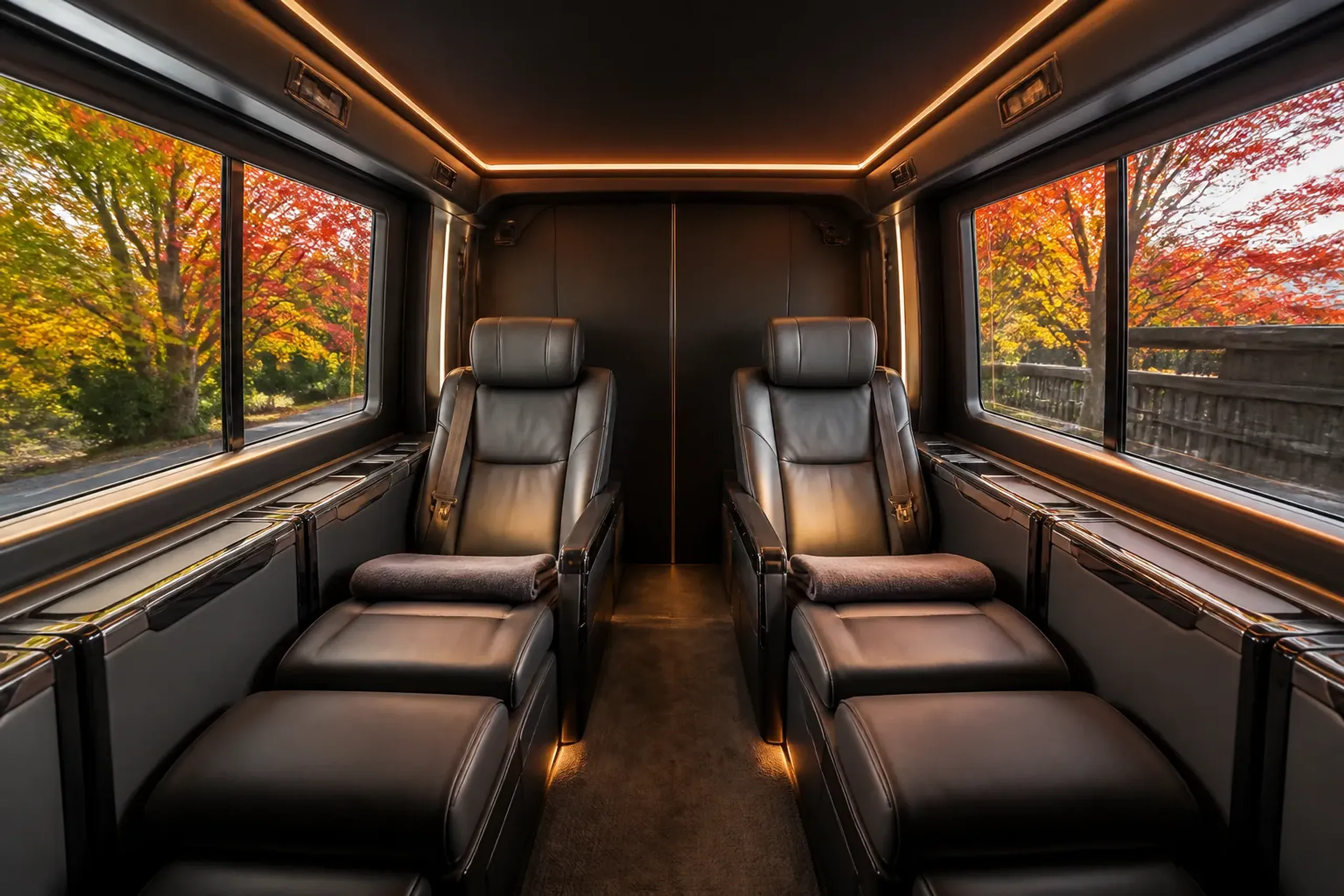 Luxury chauffeured van interior with reclining leather seats and privacy partition