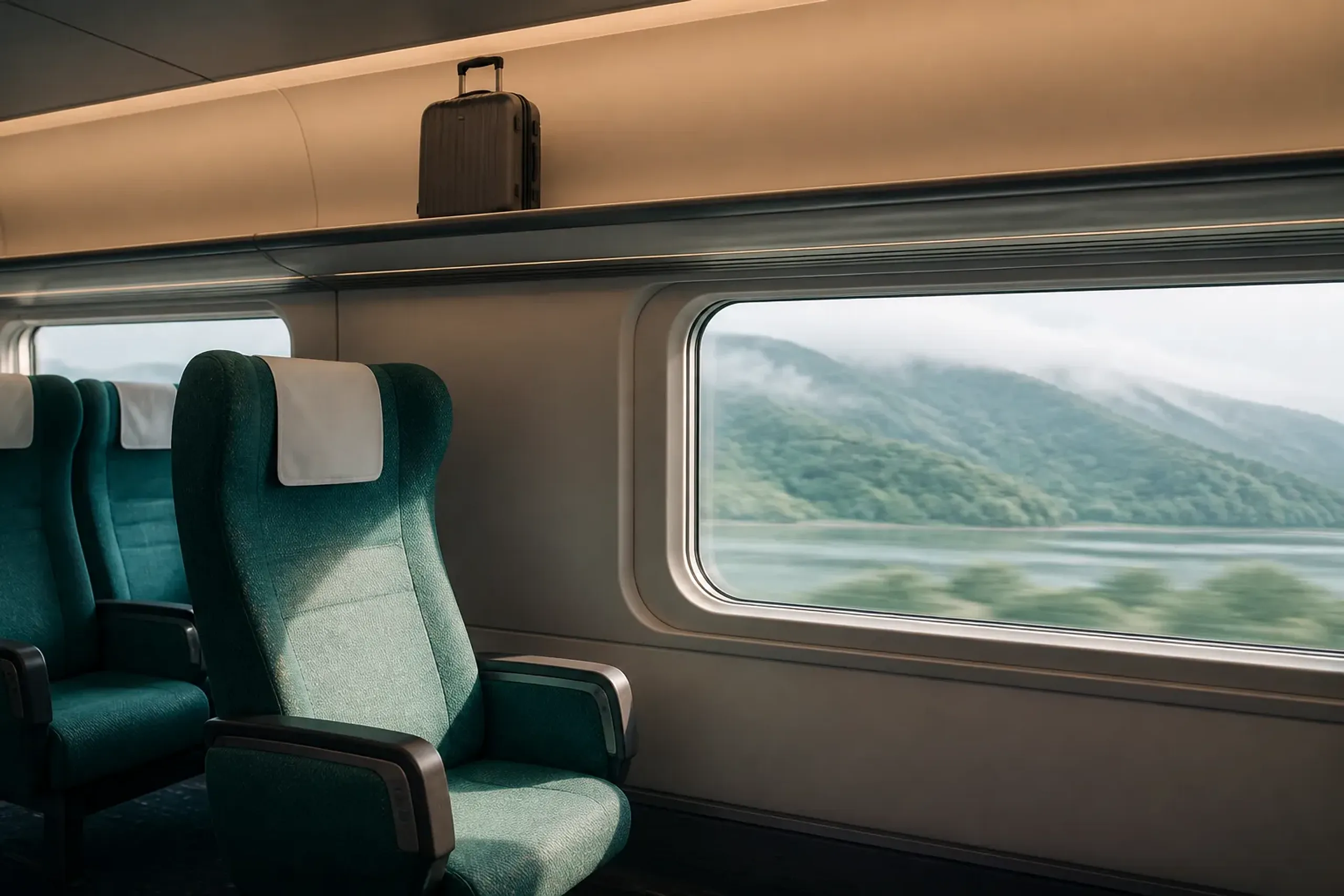 Shinkansen seat and luggage area with a neatly placed carry-on bag