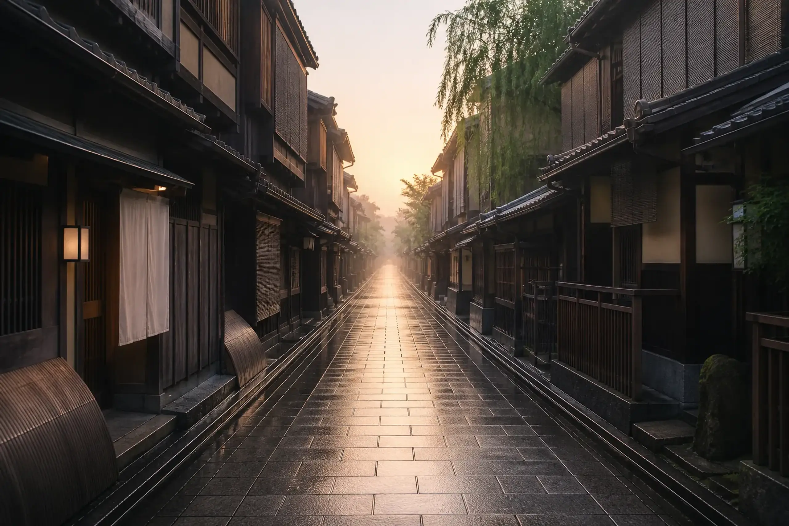 Empty Kyoto street with traditional wooden buildings in early morning light