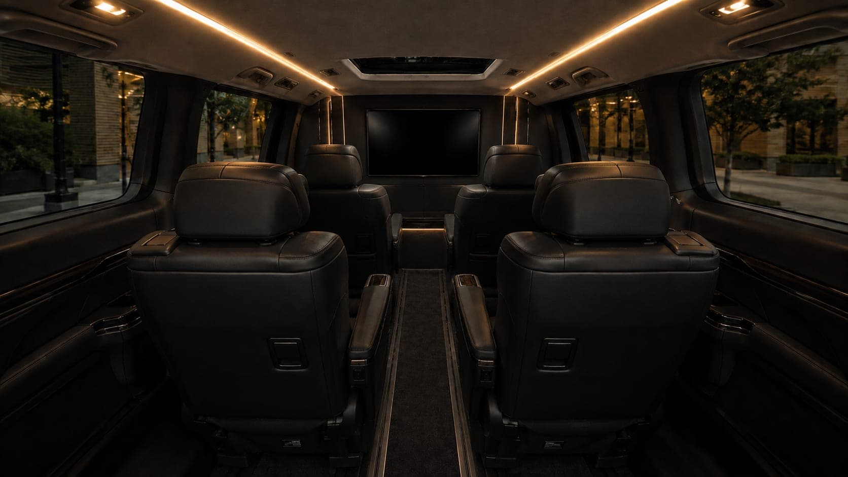 Toyota Luxury Hi-Ace reclining rows facing the cabin screen