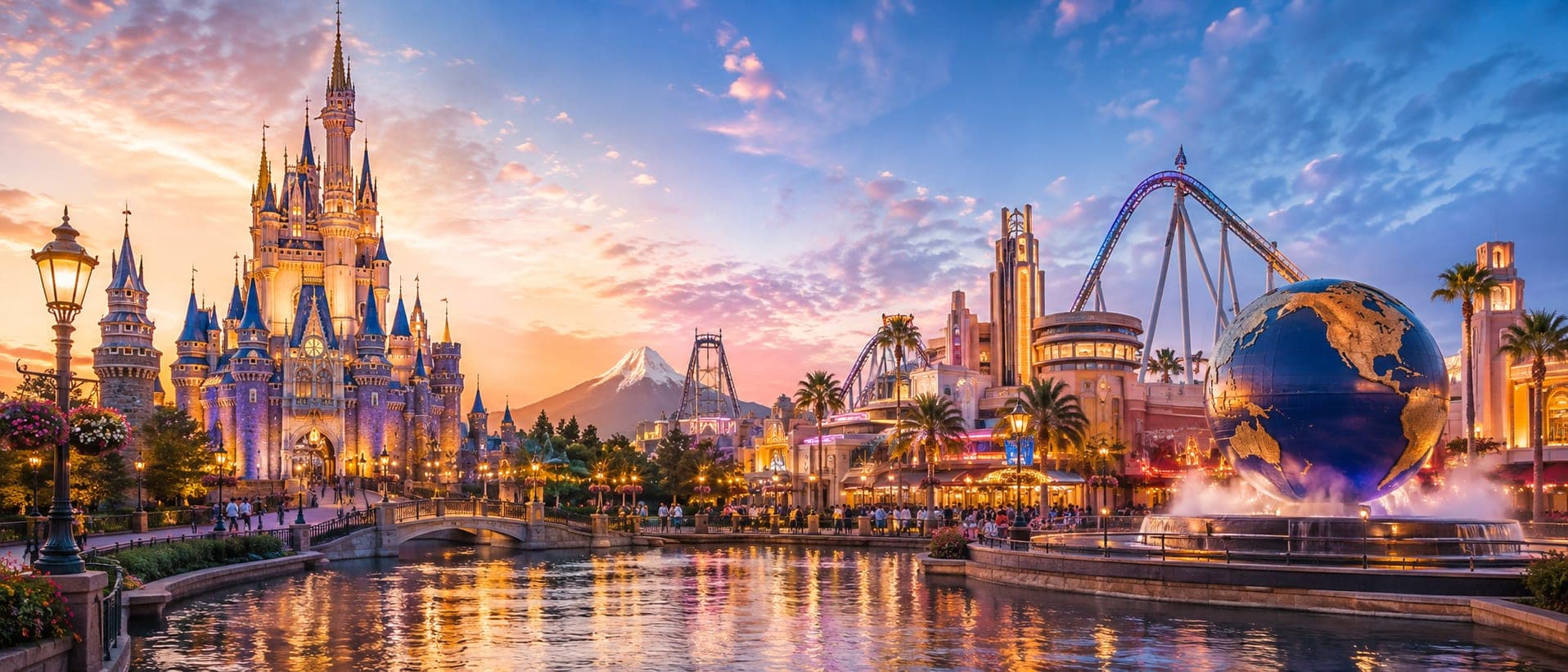 Japan's two great theme parks in one dusk skyline — the fairy-tale castle beside the Universal globe and coaster