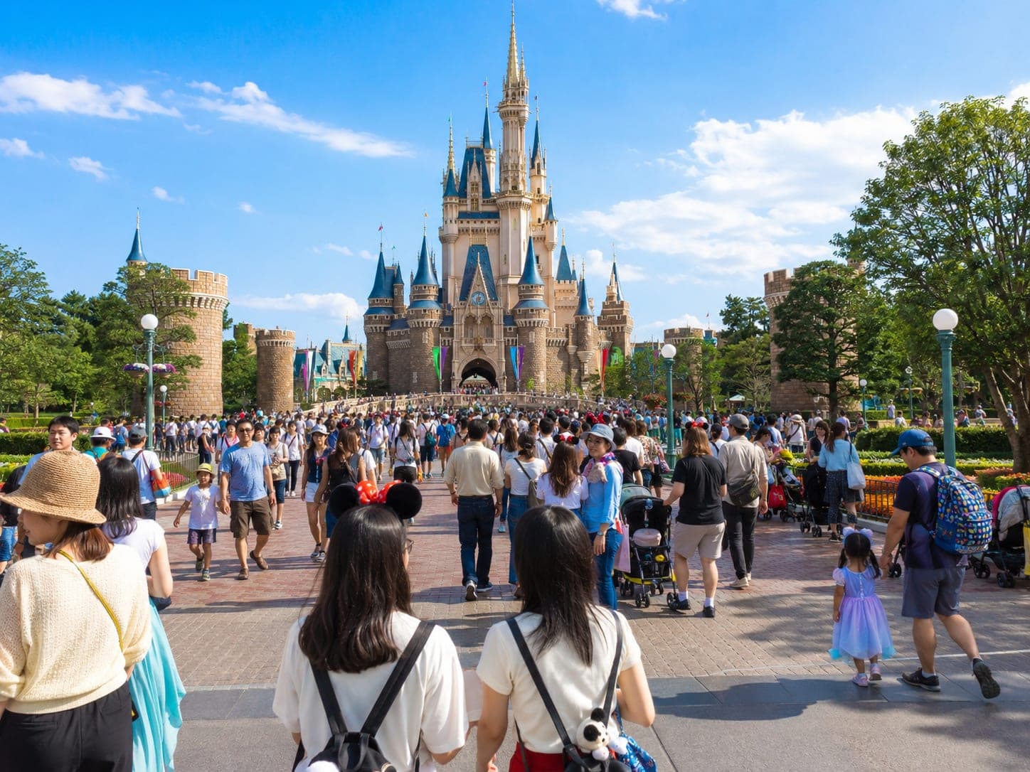 晴れた空の下、大勢のゲストがプラザを城へと歩む東京ディズニーランドのシンデレラ城